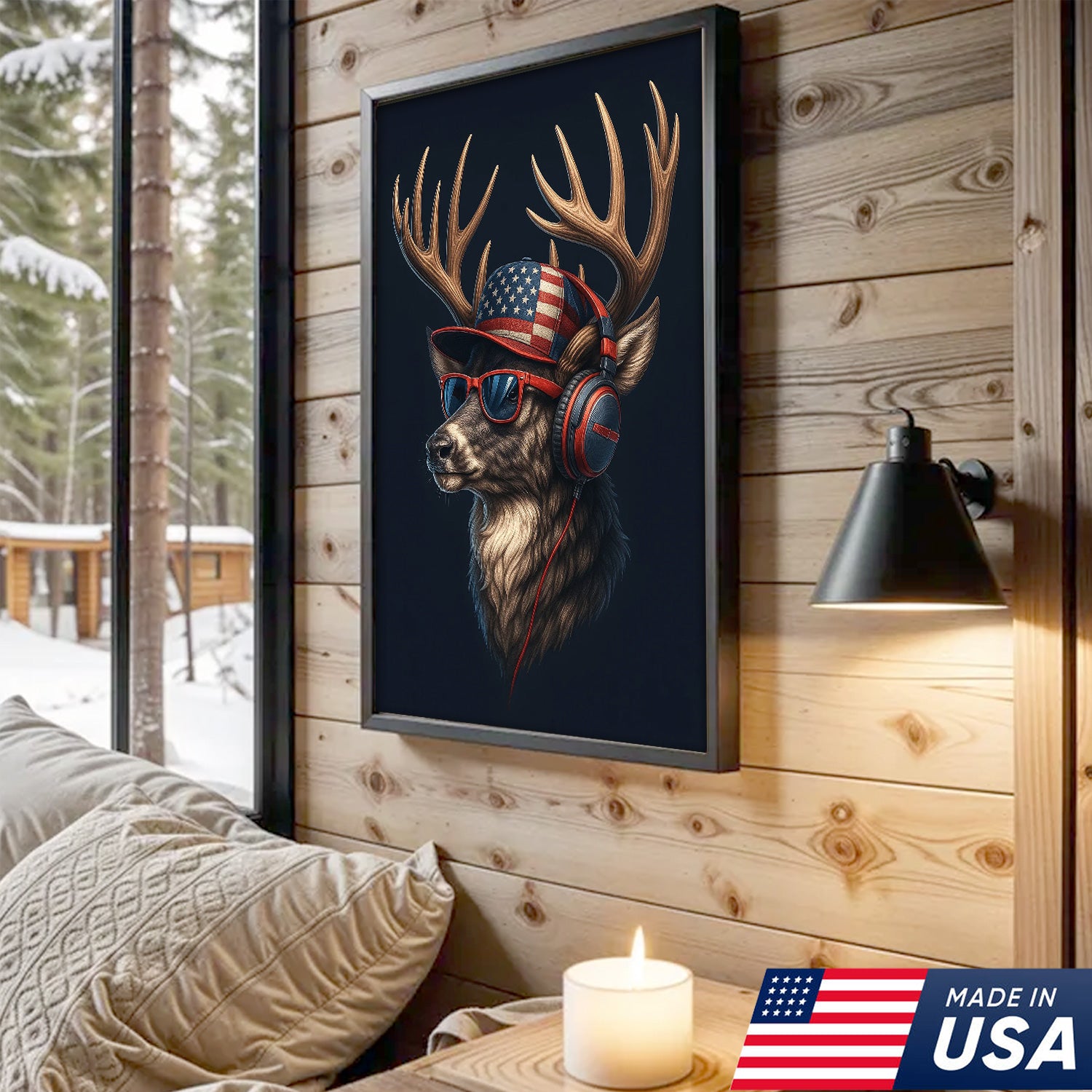 Patriotic Deer Wall Art Canvas – Cool Buck with American Flag Hat and Headphones – Rustic Hunting Lodge Decor USA