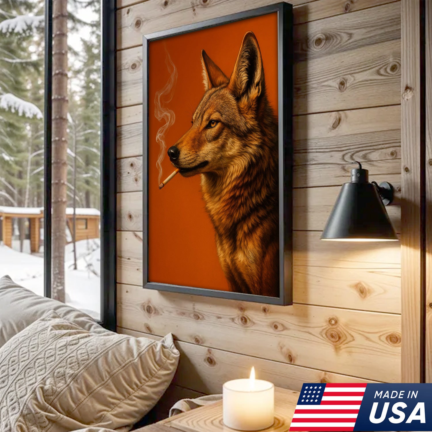 Coyote Canvas Wall Art – Rustic Wildlife Decor – Hunting Cabin Artwork – Mountain Lodge Wall Hanging – Woodland Nature Animal Print