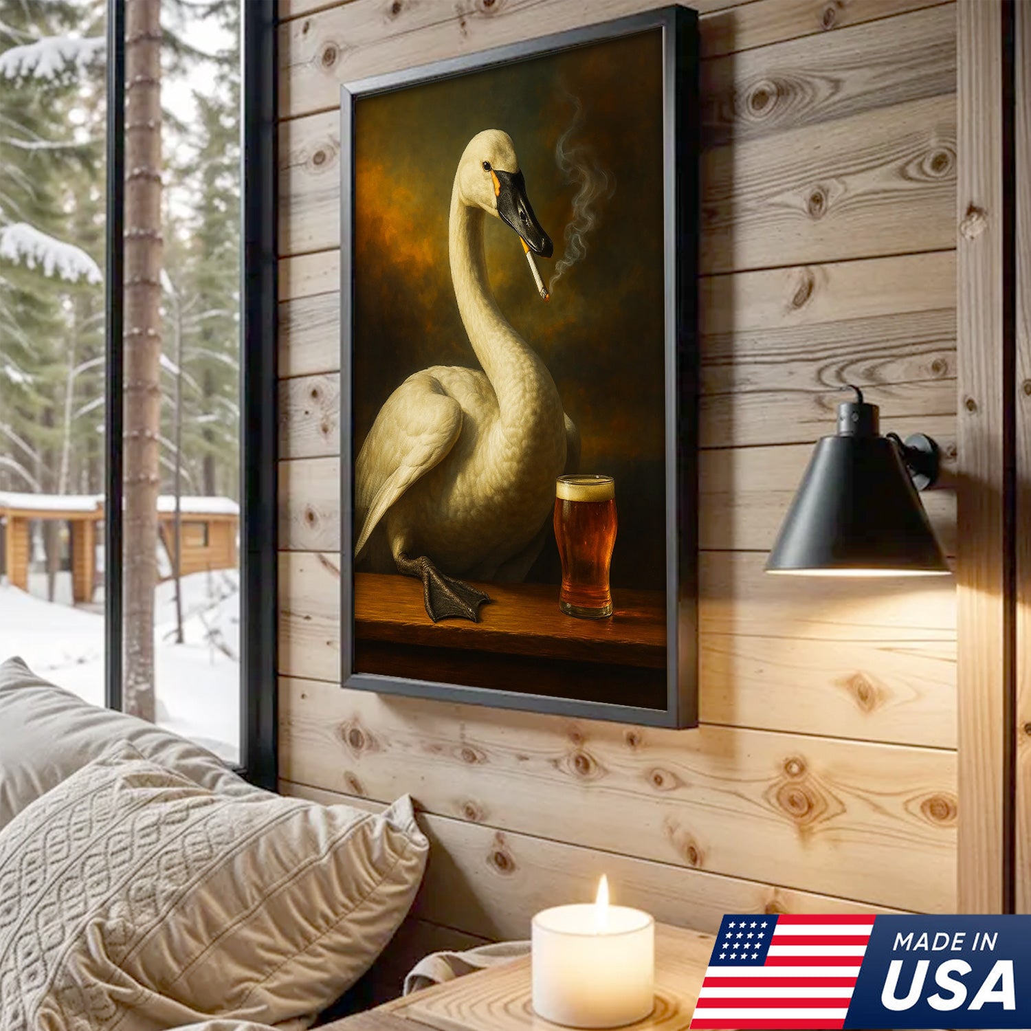 Rustic Tundra Swan Canvas Wall Art – Elegant Wildlife Bar Scene with Beer – Hunting Cabin Lodge Decor