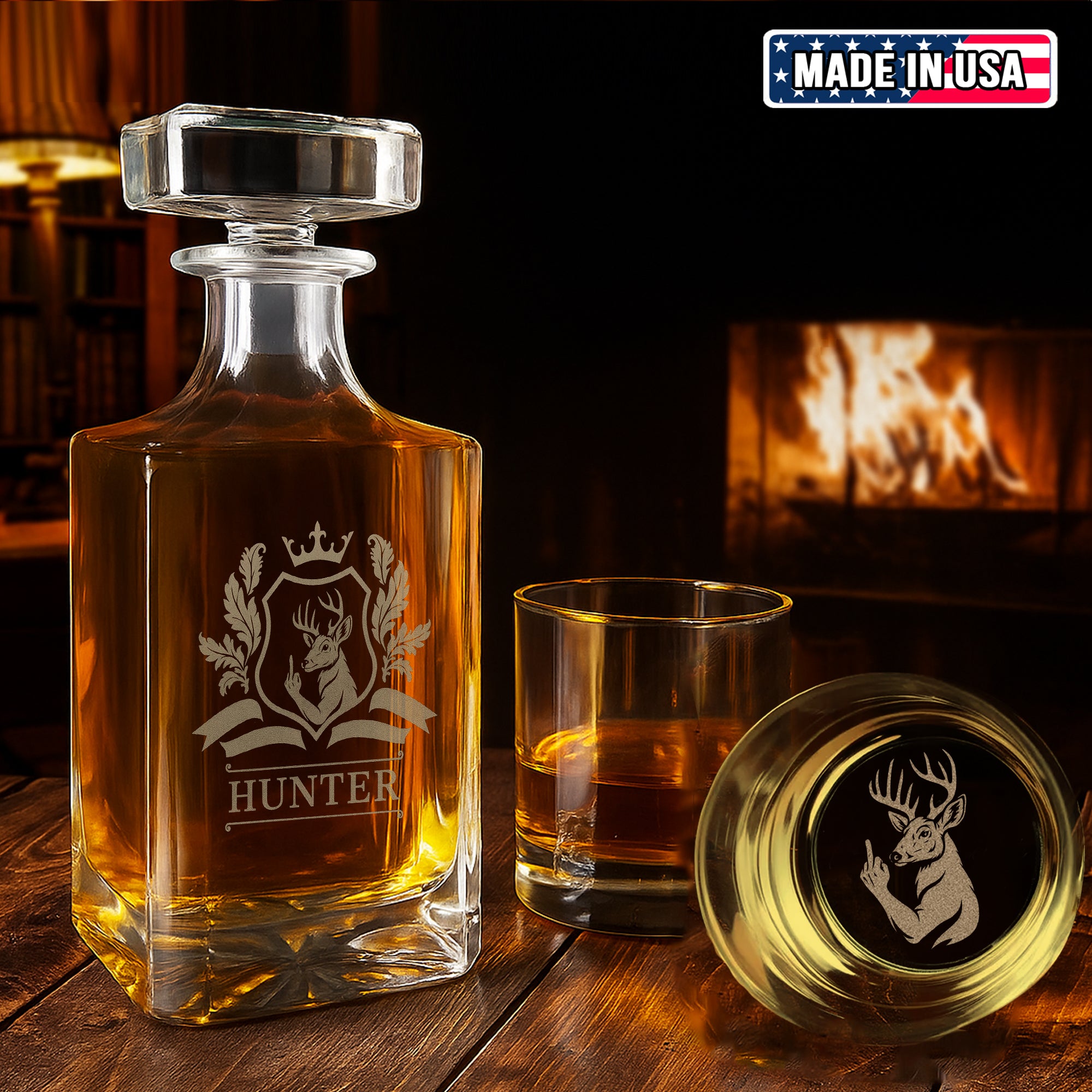 Luxury Deer Hunting Whiskey Decanter & Glass Set – Engraved Buck Glass Gift for Men & Outdoors Lovers