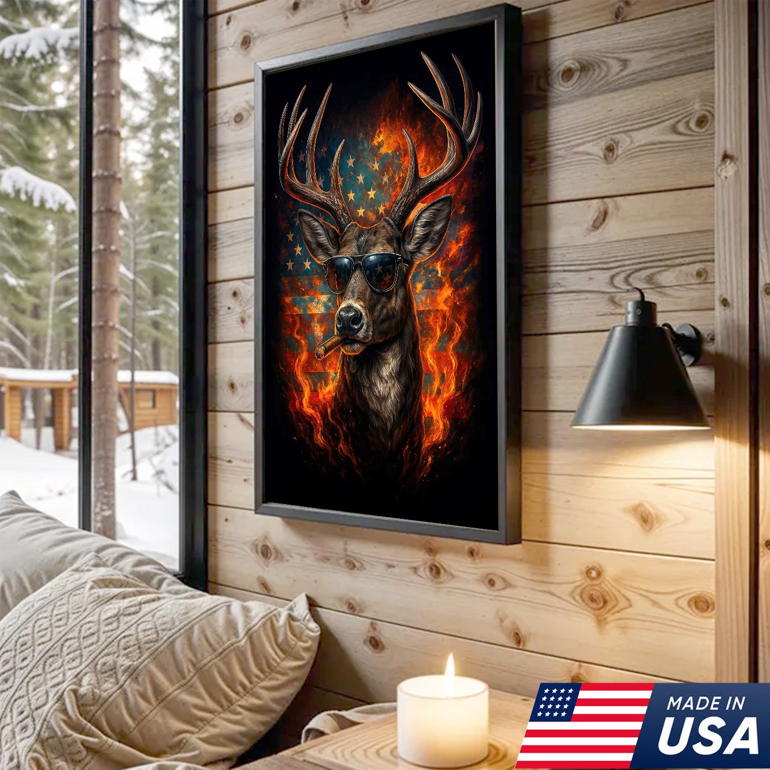 Patriotic Deer Wall Art Canvas – Cool Buck with Sunglasses and American Flag – Rustic Hunting Lodge Decor USA