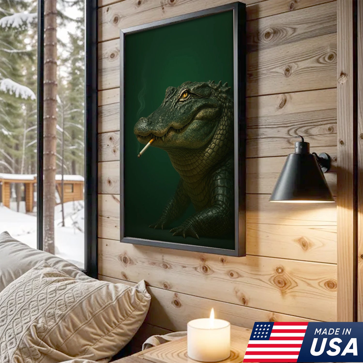 Alligator Wall Art Canvas - Rustic Wildlife Home Decor - Unique Hunting Lodge Artwork
