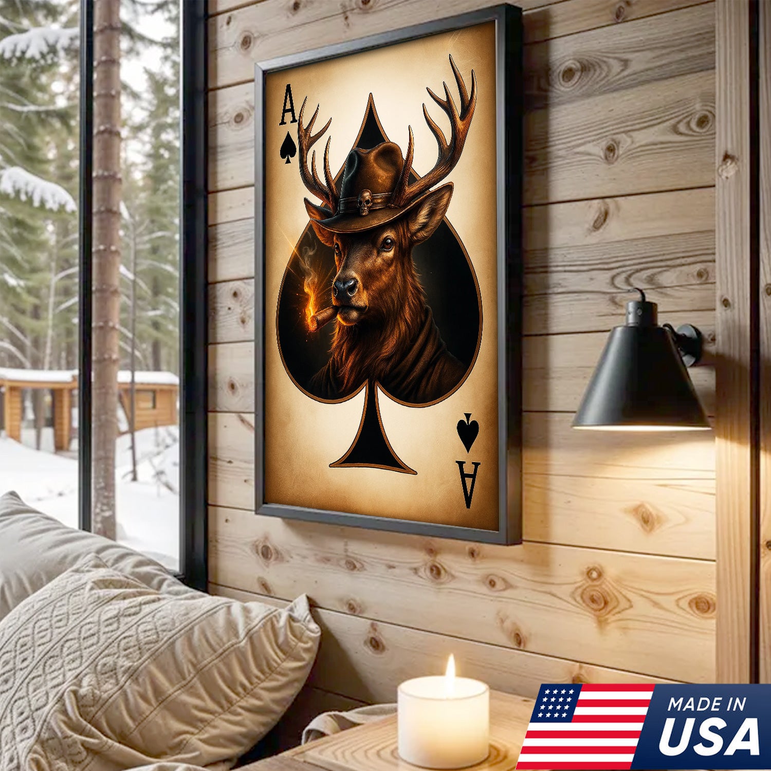 Wild West Ace of Spades Canvas Wall Art – Cowboy Deer with Hat – Rustic Hunting Cabin Decor