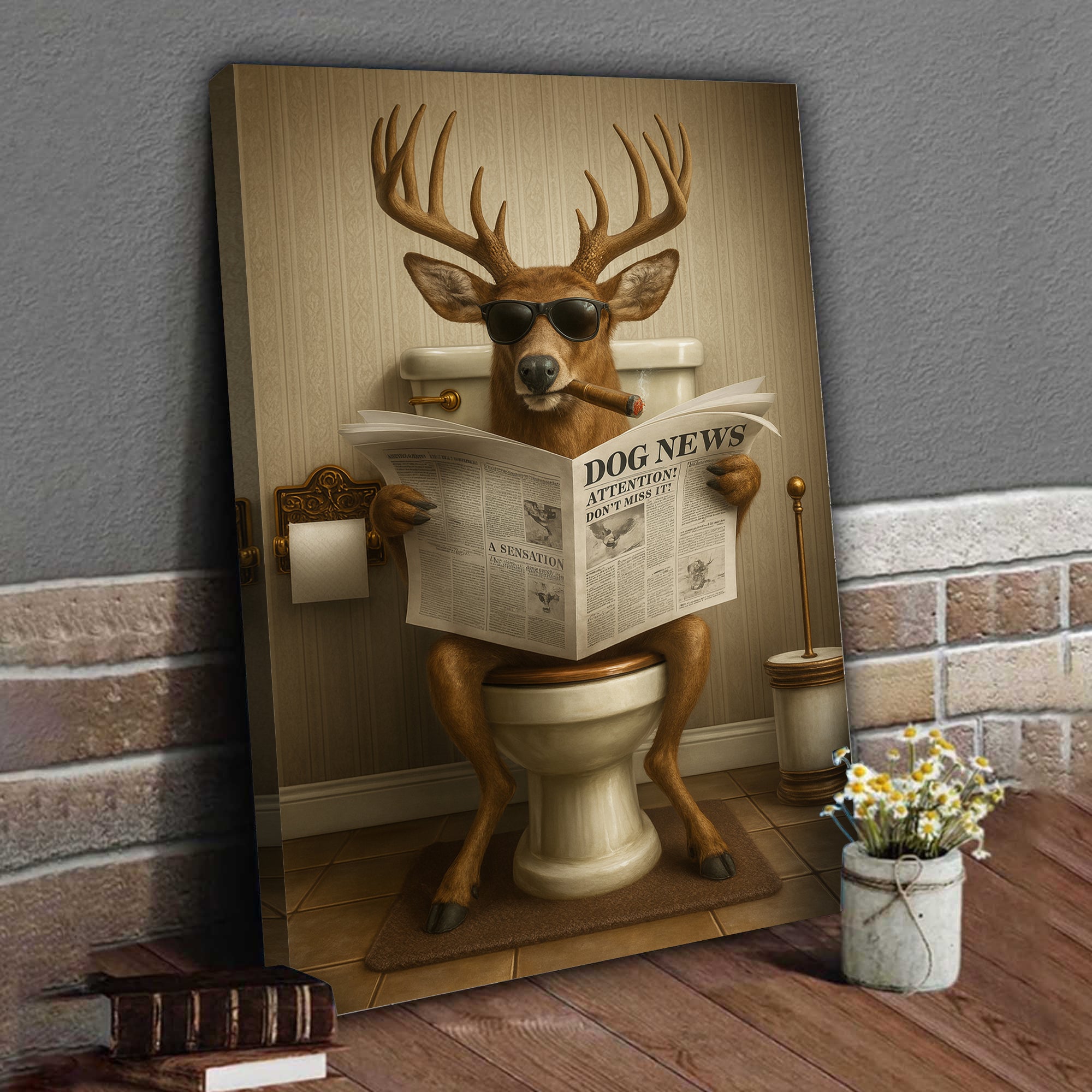 Funny Deer on Toilet Canvas – Hilarious Animal Art Print with SunGlasses and Smoking Reading Newspaper.