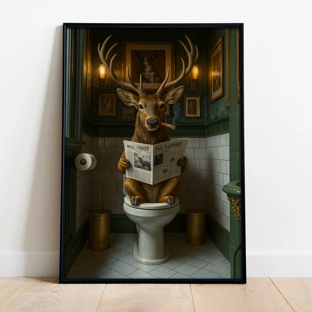 Funny Deer on Toilet Canvas Art – Stylish Animal Wall Art with Smoking and Wall Street Newspaper – Unique Bathroom Decor