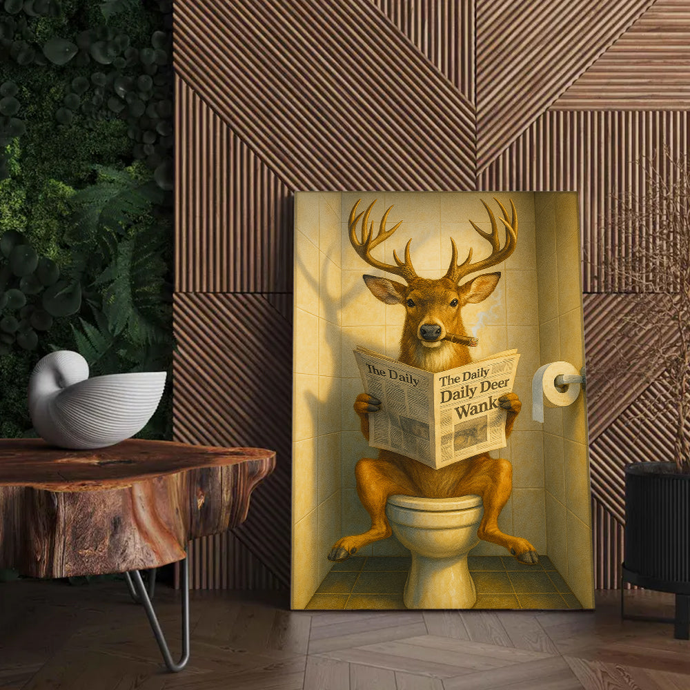 Funny Deer on Toilet Canvas – Quirky Animal Art Print with Smoking and Newspaper for Unique Wall Decor