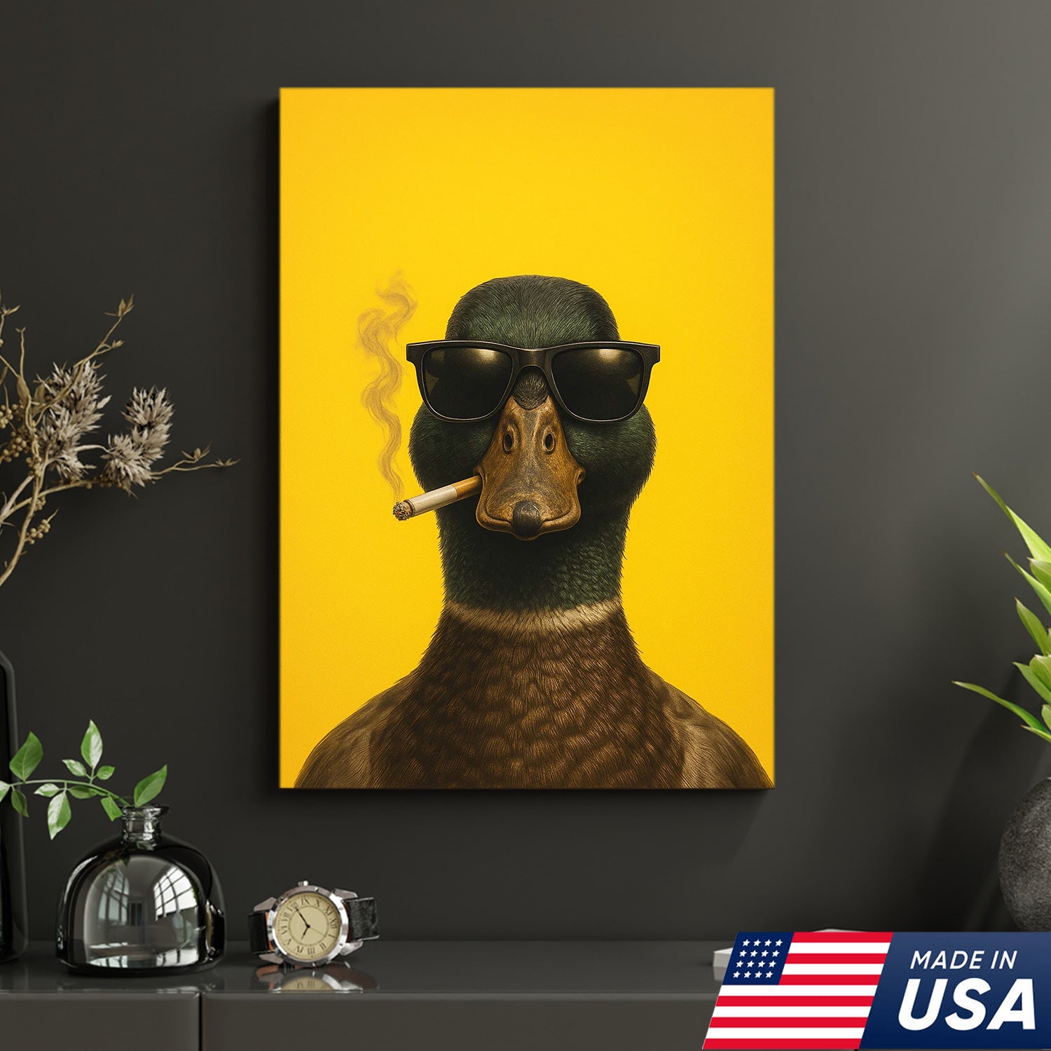 Cool Duck Canvas Wall Art - Funny Sunglasses Duck Hunting Lodge Decor - Rustic Farmhouse Wildlife Print