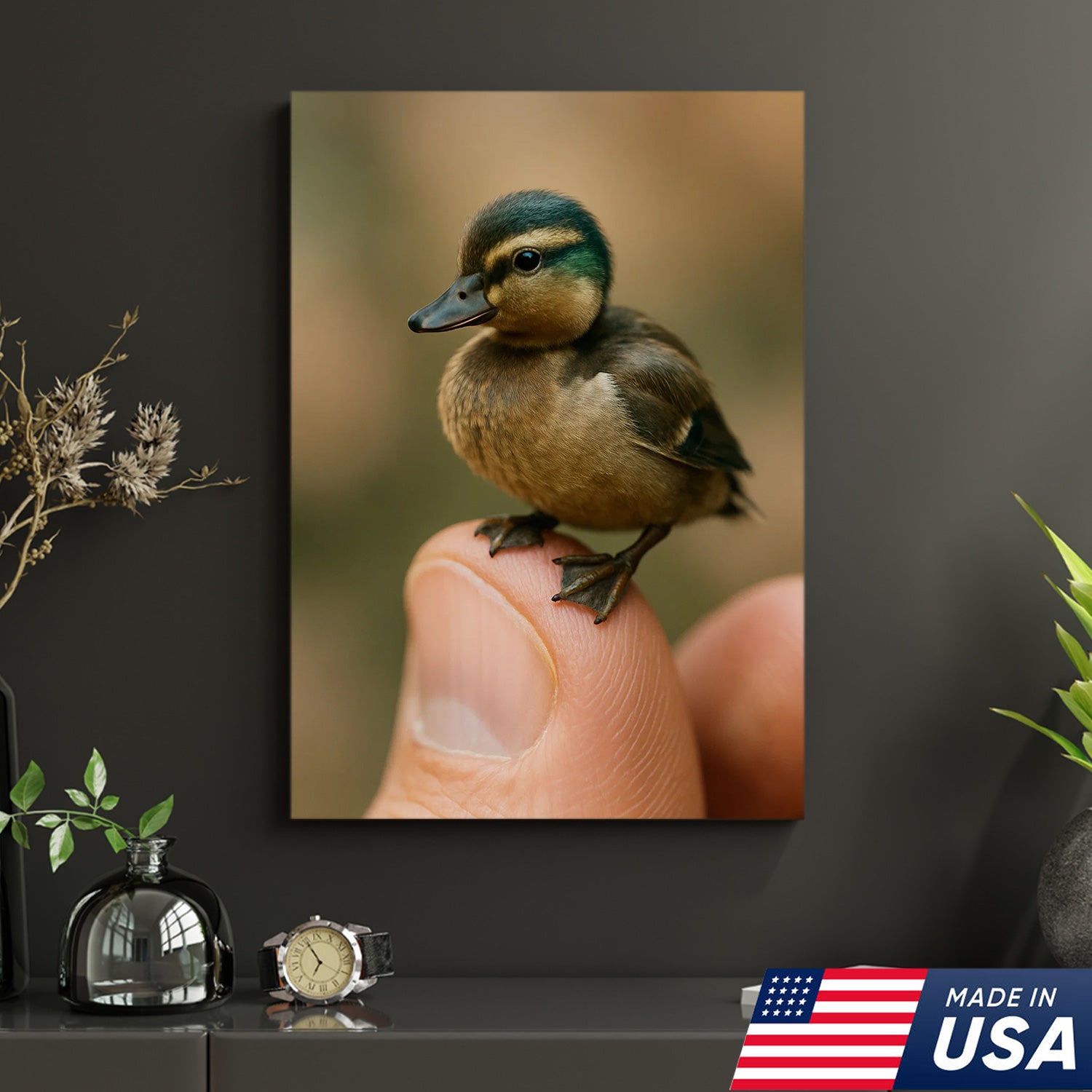 Cute Baby Duck Canvas Wall Art - Adorable Duckling Perched on Finger - Nature Wildlife Artwork for Home Decor