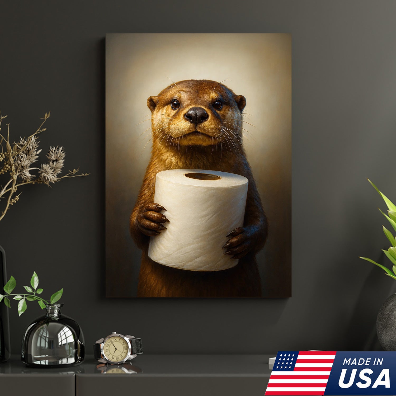 Funny Otter Canvas Wall Art - Cute Bathroom Decor with Toilet Paper - Rustic Wildlife Print