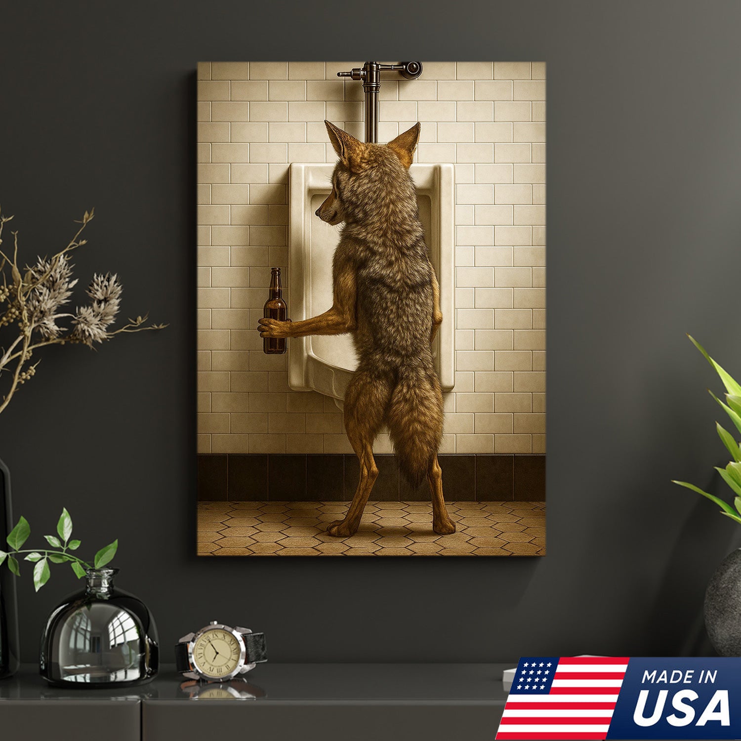 Hilarious Coyote Canvas Wall Art – Funny Bathroom Humor Decor – Rustic Hunting Cabin Gag Gift – Quirky Lodge Animal Artwork