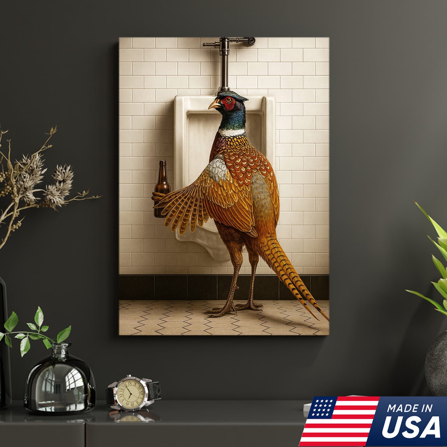 Funny Pheasant Canvas Wall Art – Hilarious Bathroom Humor Decor – Rustic Hunting Cabin Gag Gift – Quirky Lodge Animal Artwork