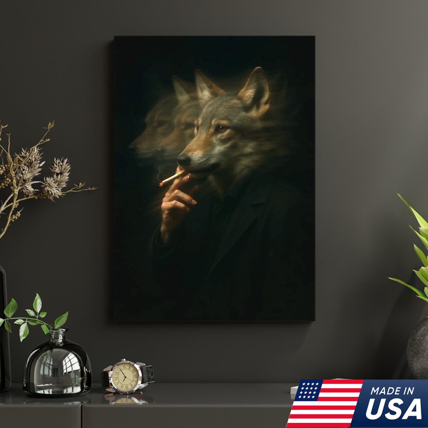 Mystical Wolf Coyote Canvas Wall Art - Mysterious Animal Portrait with Surreal Motion Effect - Unique Wildlife Artwork for Home Decor