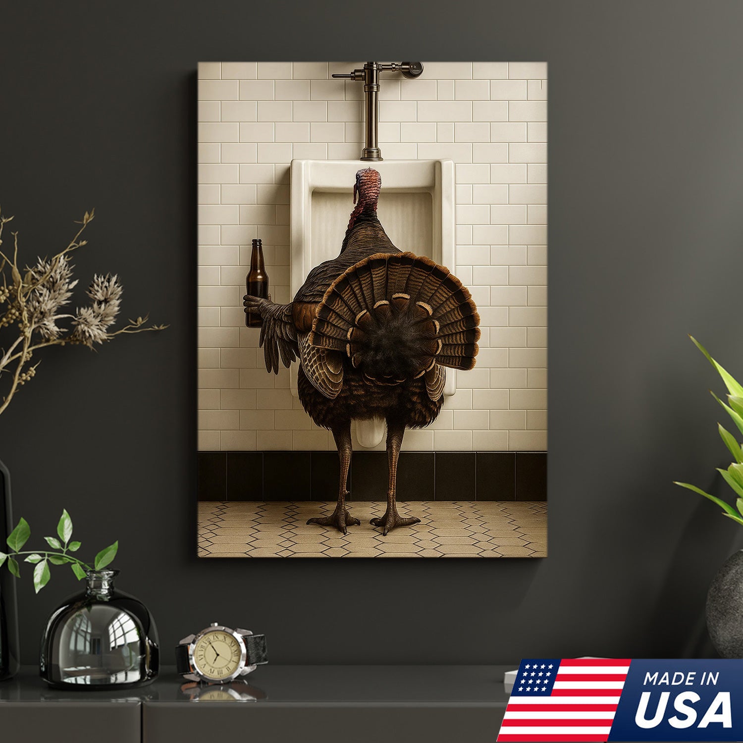 Hilarious Turkey Canvas Wall Art – Funny Bathroom Humor Decor – Rustic Hunting Cabin Gag Gift – Quirky Lodge Farmhouse Animal Artwork