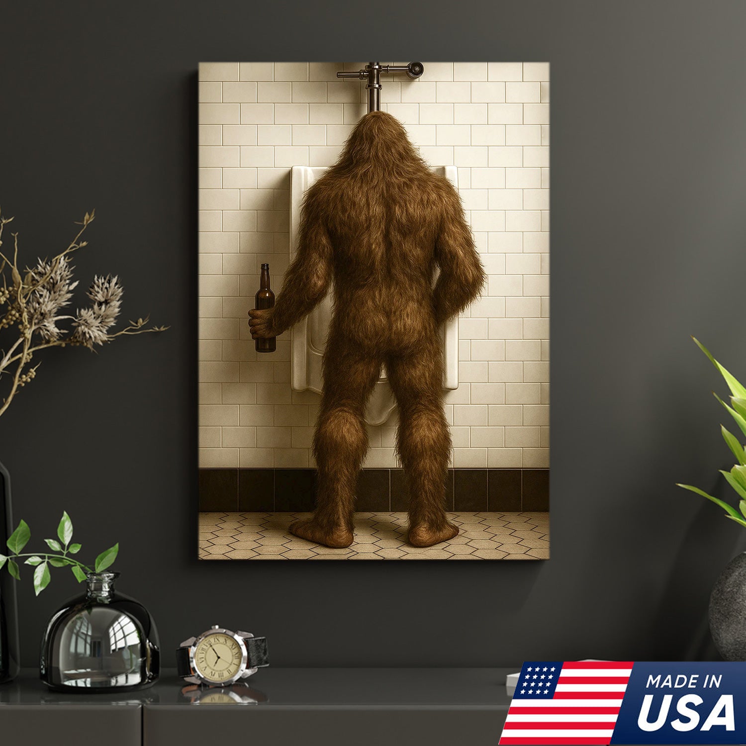 Bigfoot Funny Canvas Wall Art – Hilarious Bathroom Humor Decor – Rustic Cabin Gag Gift – Quirky Lodge and Hunting Camp Artwork