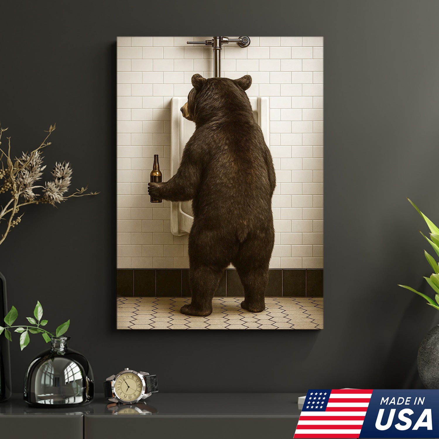 Funny Black Bear Canvas Wall Art – Hilarious Bathroom Humor Decor – Rustic Cabin Lodge Gag Gift – Quirky Hunting Camp Animal Artwork
