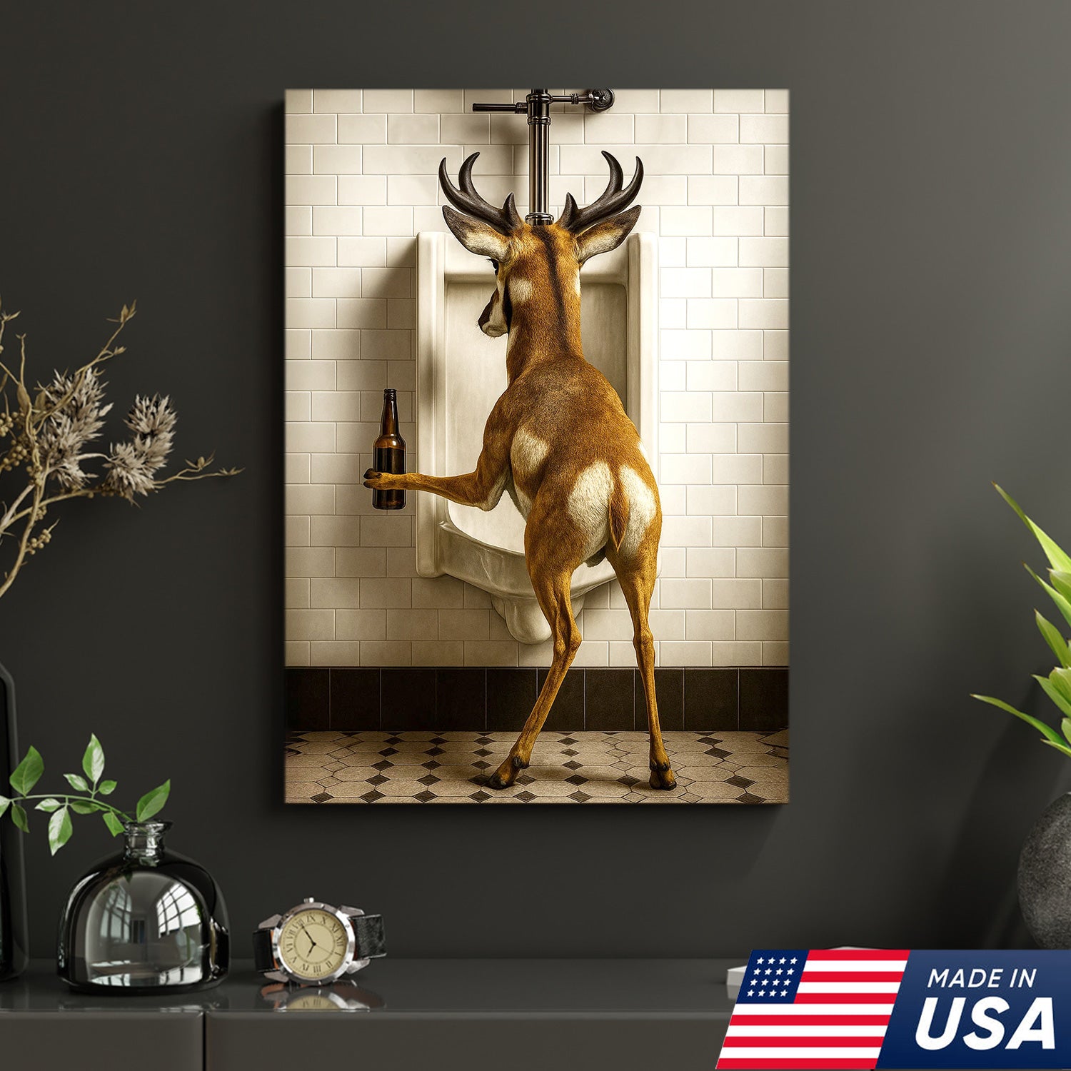 Funny Pronghorn Canvas Wall Art - Rustic Bathroom Lodge Decor for Hunters - Unique Wildlife Cabin Print