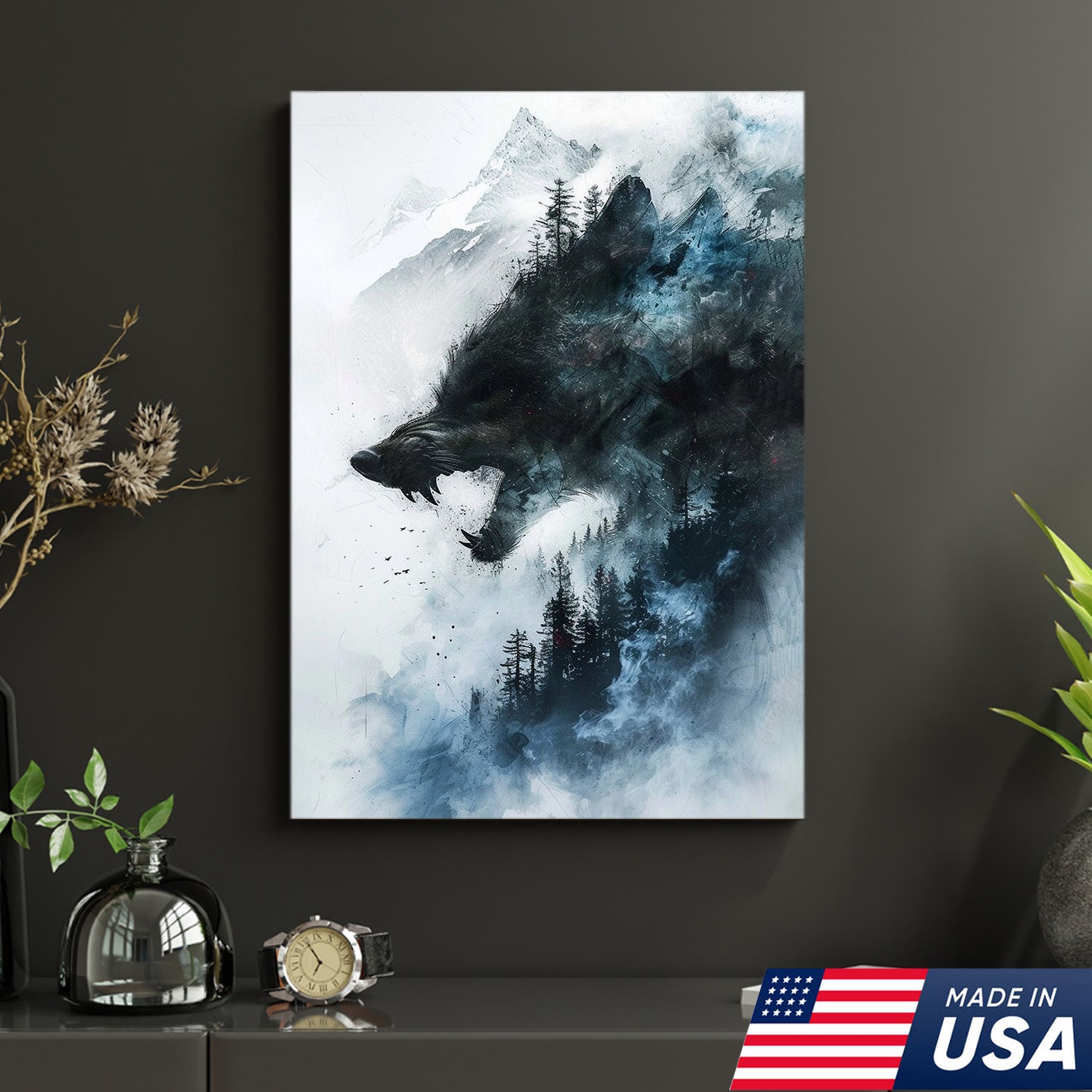 Wolf Forest Canvas Wall Art – Wild Wilderness Mountain Decor – Rustic Cabin & Lodge Artwork