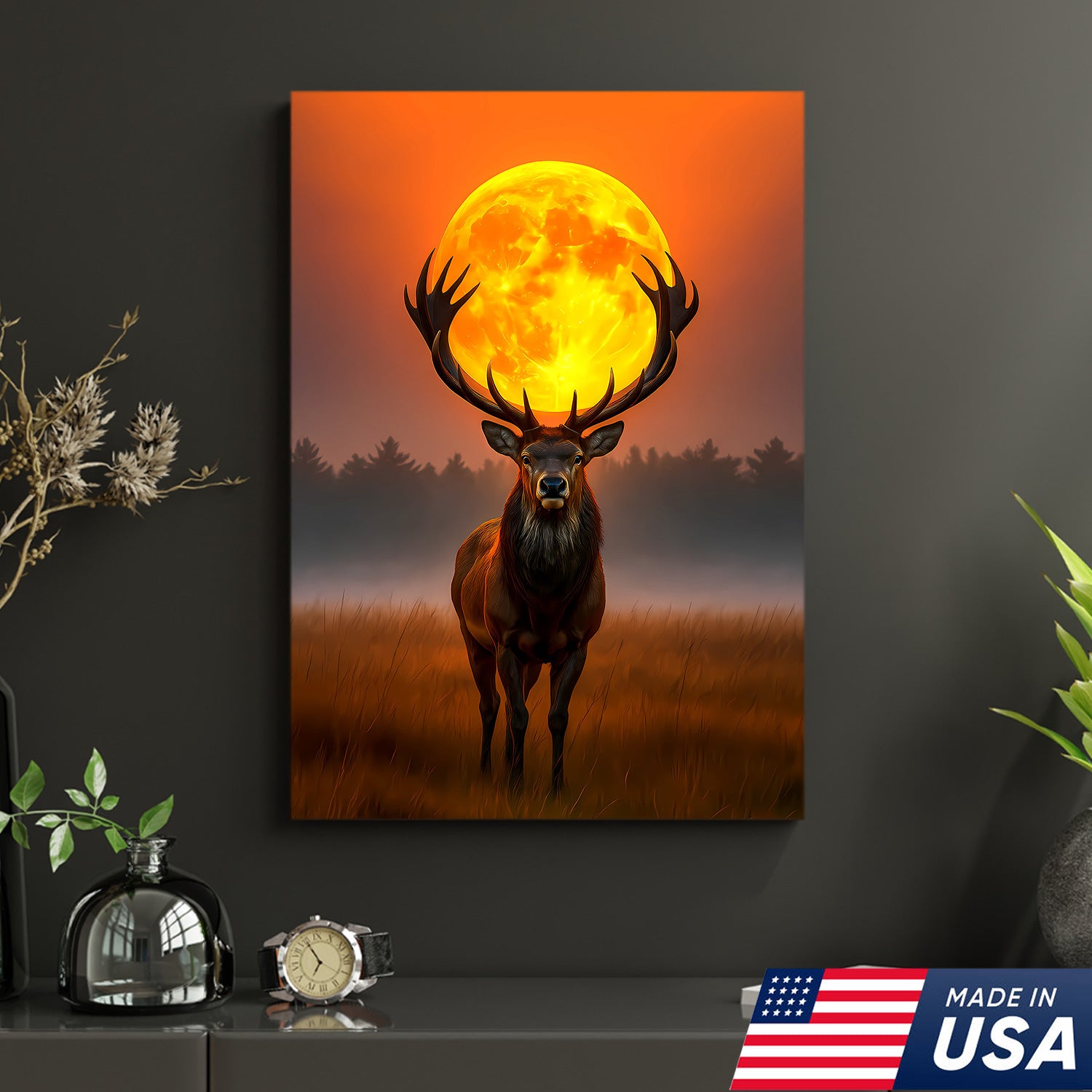 Majestic Elk Full Moon Canvas Wall Art – Hunting Cabin Decor Gift for Hunters