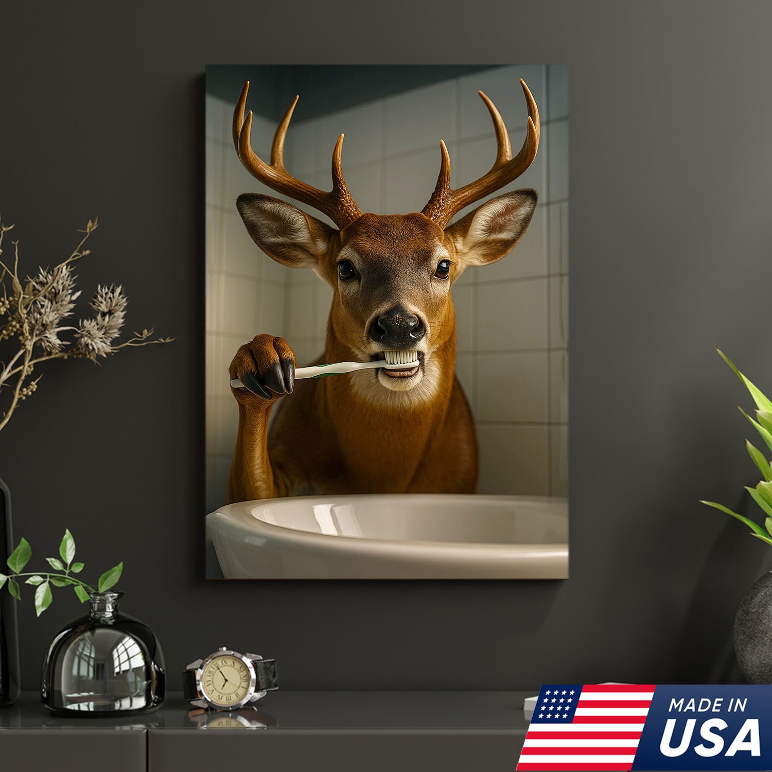 Deer Canvas Wall Art – Funny Buck Brushing Teeth Unique Bathroom Decor for Hunters