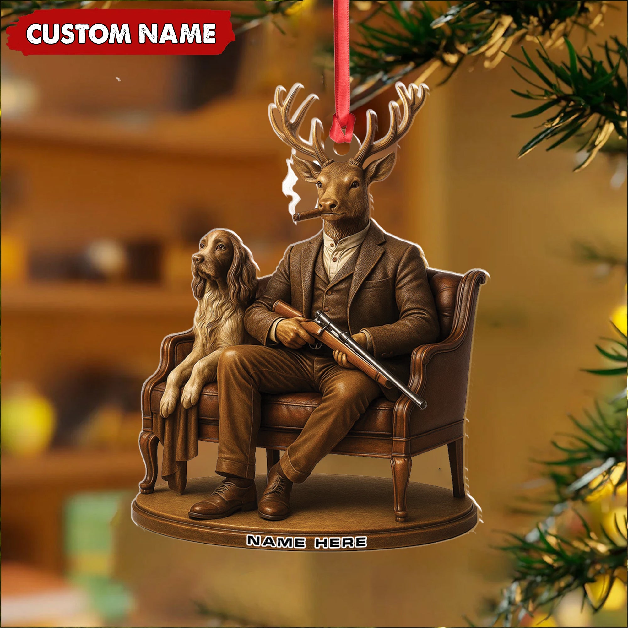 Personalized Acrylic Deer Christmas Ornament – Elegant Hunter Buck with Dog Holding Rifle Holiday Decor