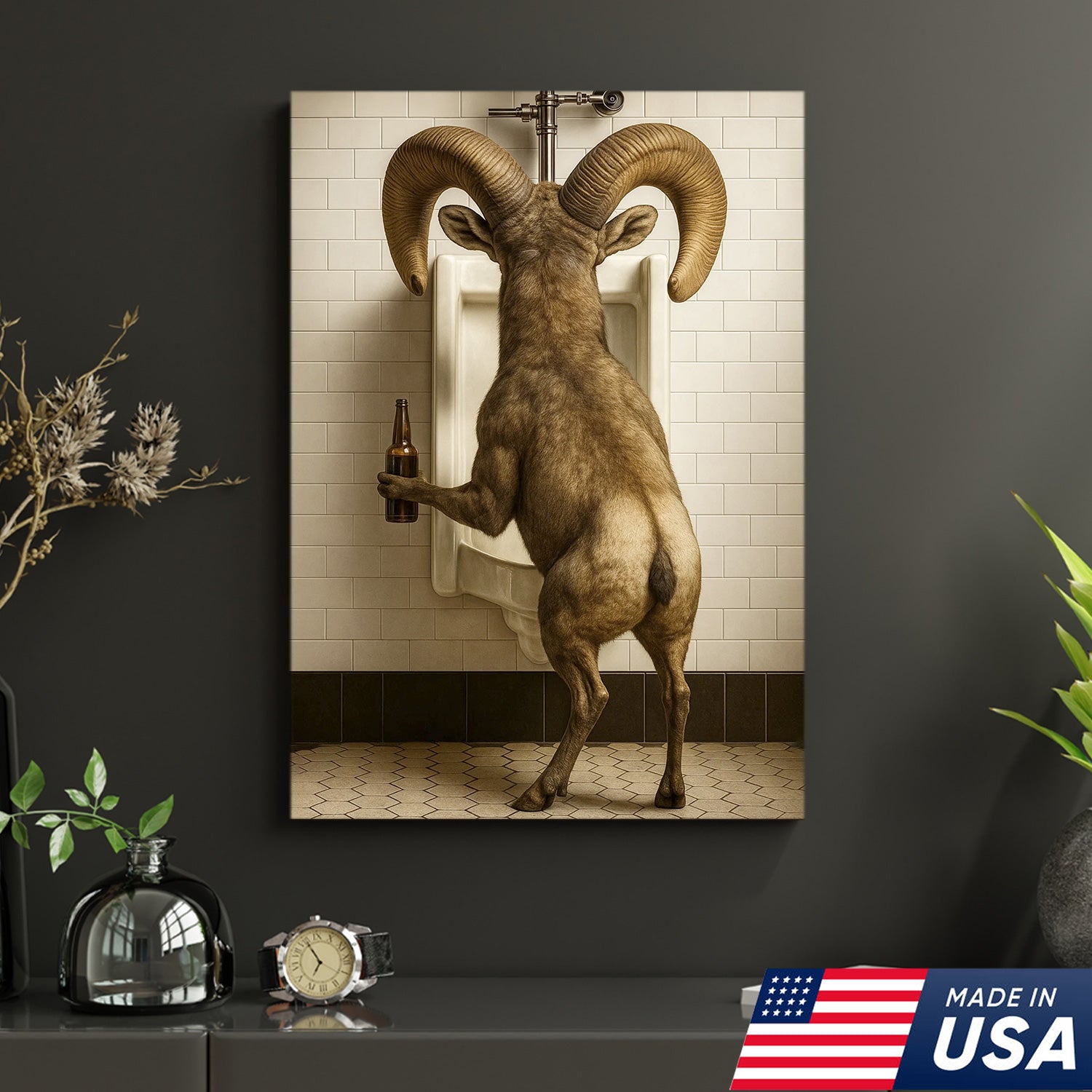 Humorous Big Horn Sheep Canvas Wall Art - Rustic Lodge Bathroom Decor for Cabin and Farmhouse - Wildlife Lover Gift