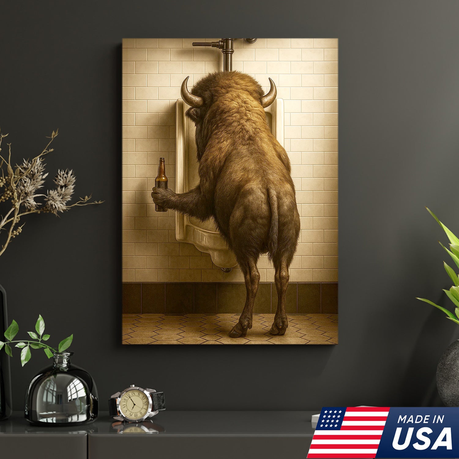 Funny Bison Canvas Wall Art - Rustic Bathroom Lodge Decor for Hunters - Unique Wildlife Cabin Print