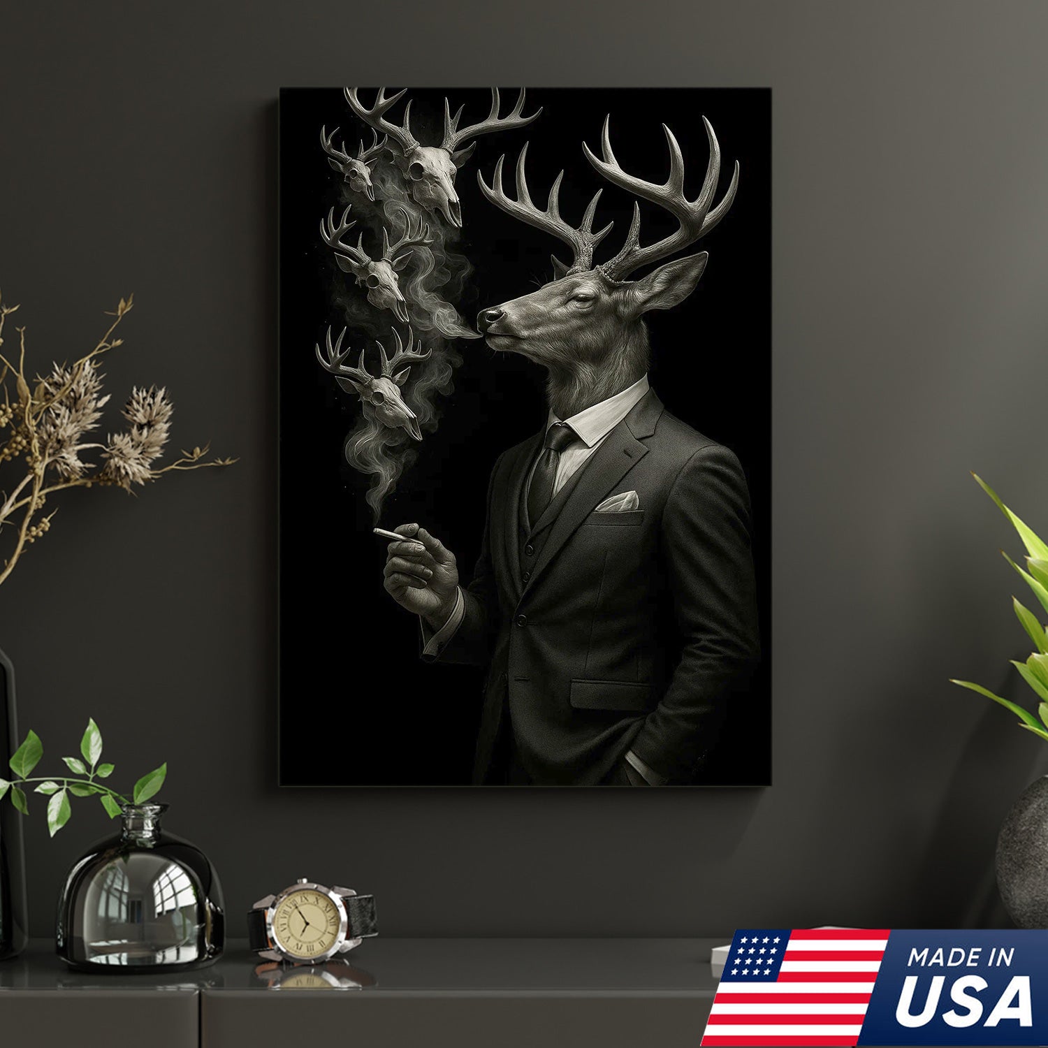 Gentleman Deer Canvas Wall Art, Elegant Buck in Suit Artwork, Rustic Cabin Decor for Hunters, Modern Wildlife Portrait Painting