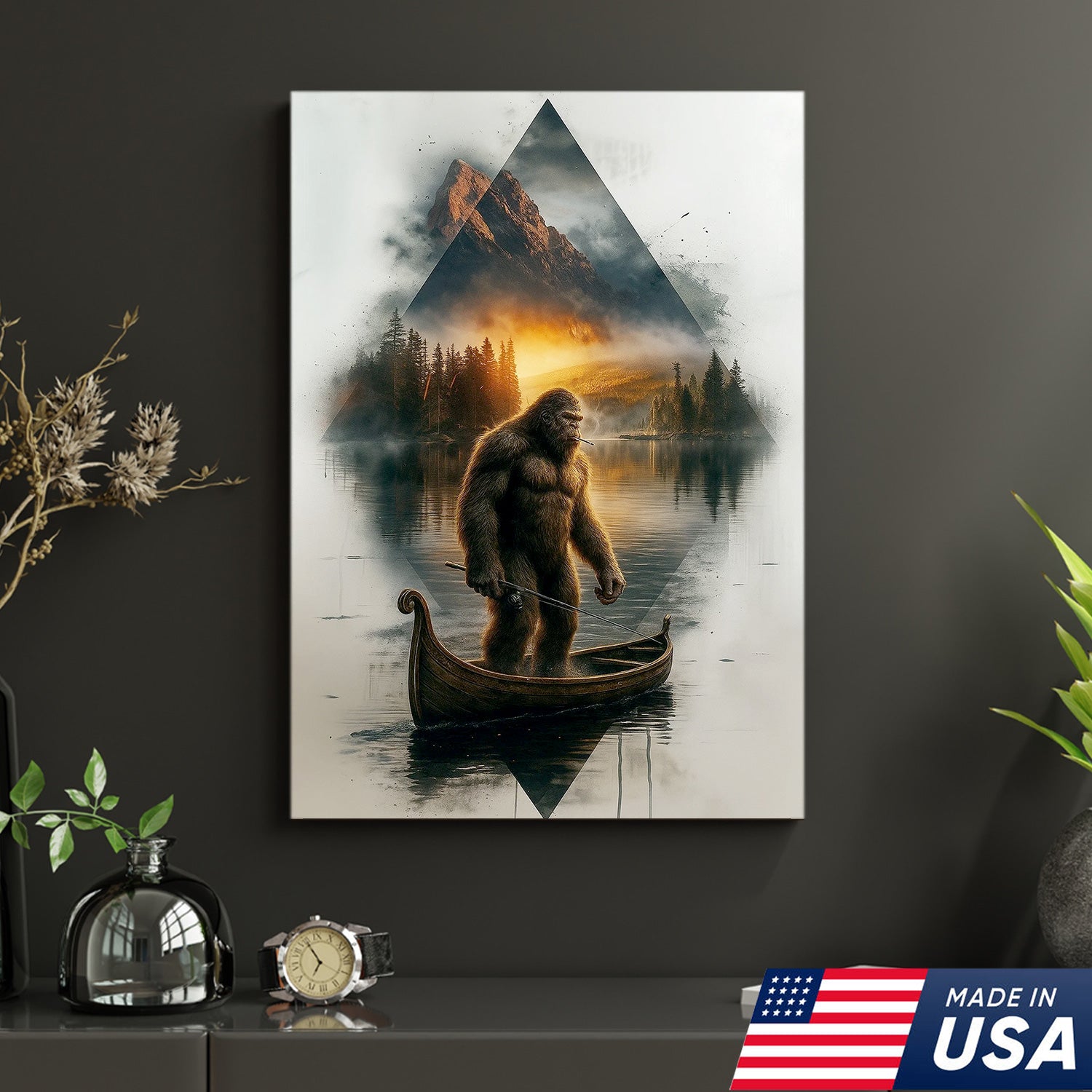 Bigfoot Fishing On Wooden Boat Adventure Canvas Wall Art – Mysterious Forest Lake Decor – Rustic Cabin & Lodge Artwork
