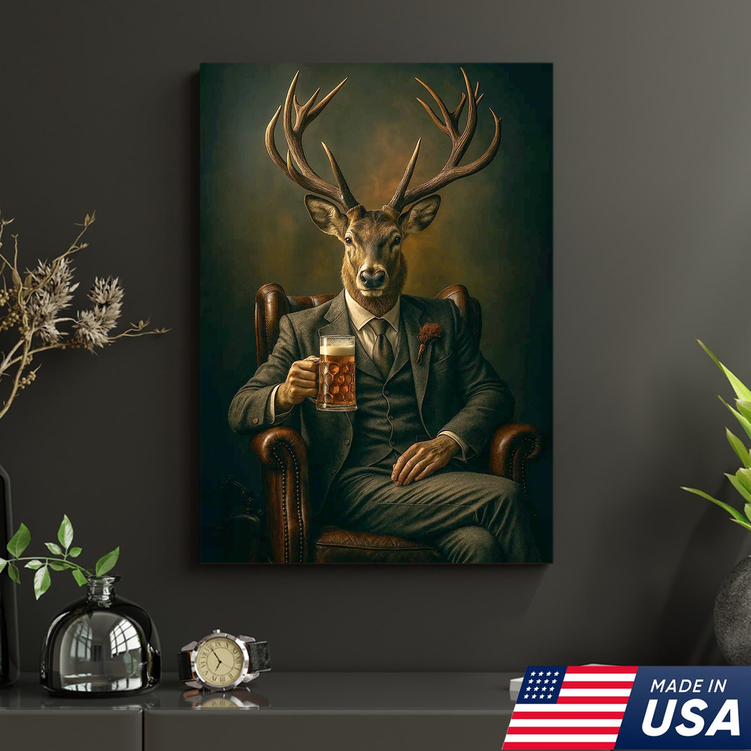 Deer Canvas Wall Art – Sophisticated Buck in Suit Holding Beer Rustic Lodge Decor for Hunters