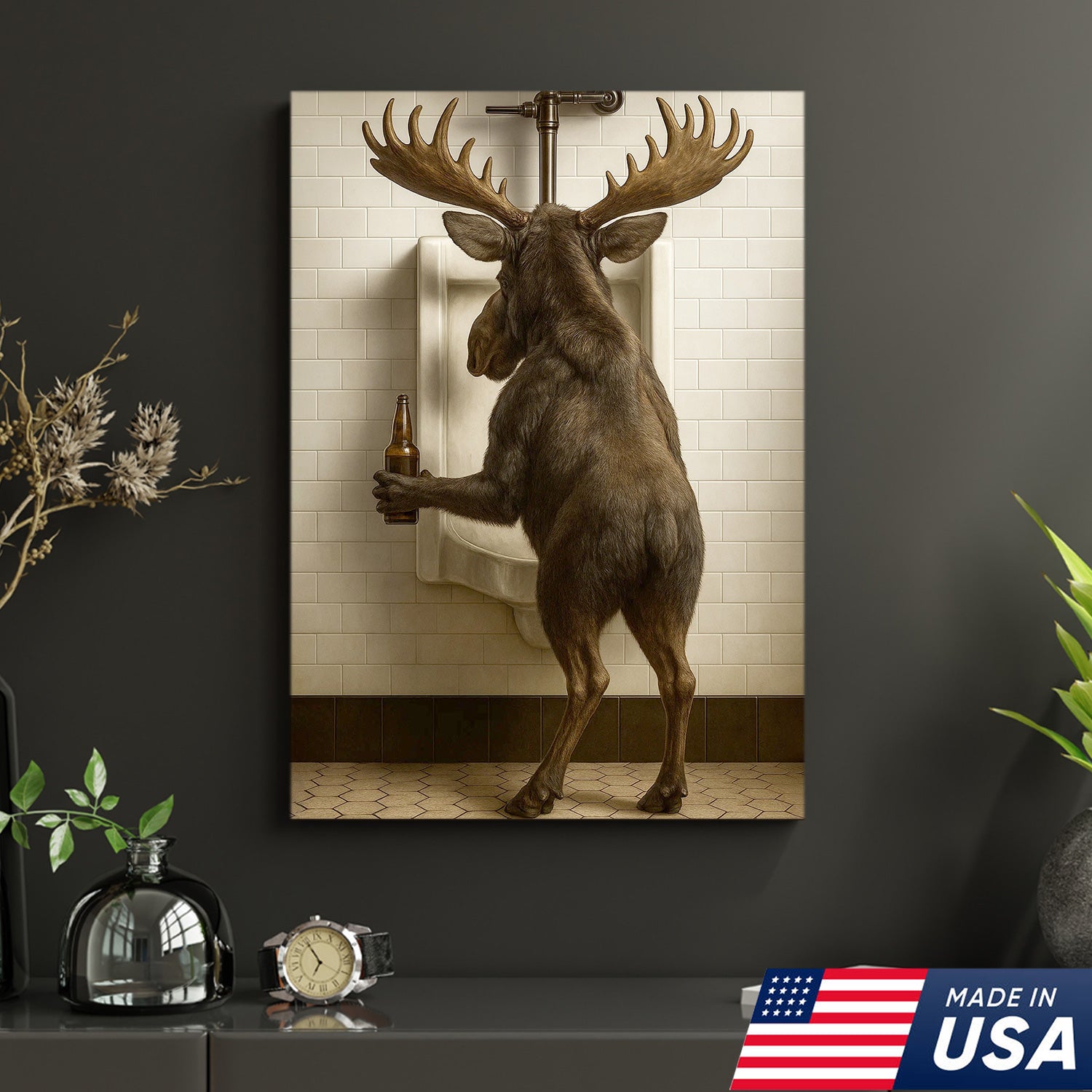 Moose Bathroom Canvas Wall Art - Funny Rustic Lodge Decor for Cabin and Hunting Enthusiasts - Wildlife Humor Print