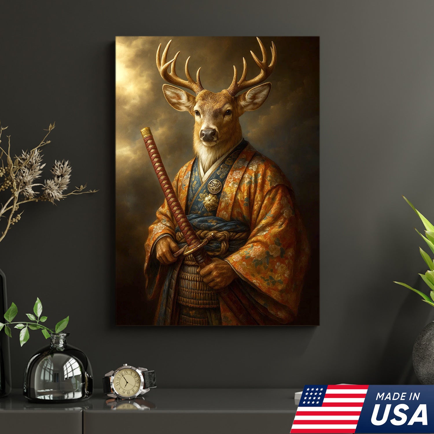 Deer Canvas Wall Art – Majestic Samurai Buck with Katana Warrior Rustic Lodge Decor