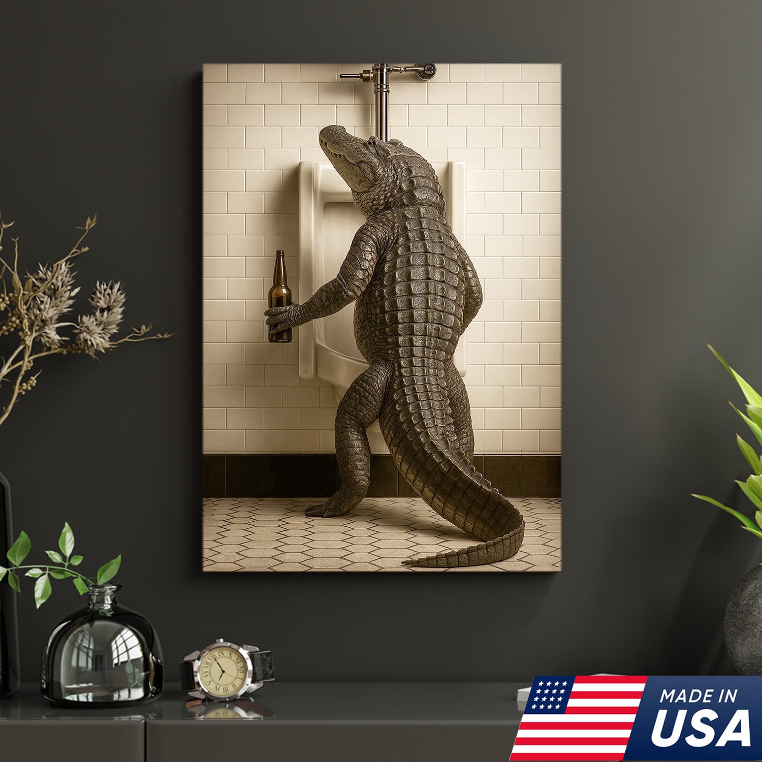 Alligator Bathroom Canvas Wall Art - Funny Rustic Lodge Decor for Cabin, Bar, and Wildlife Lovers - Unique Gator Print