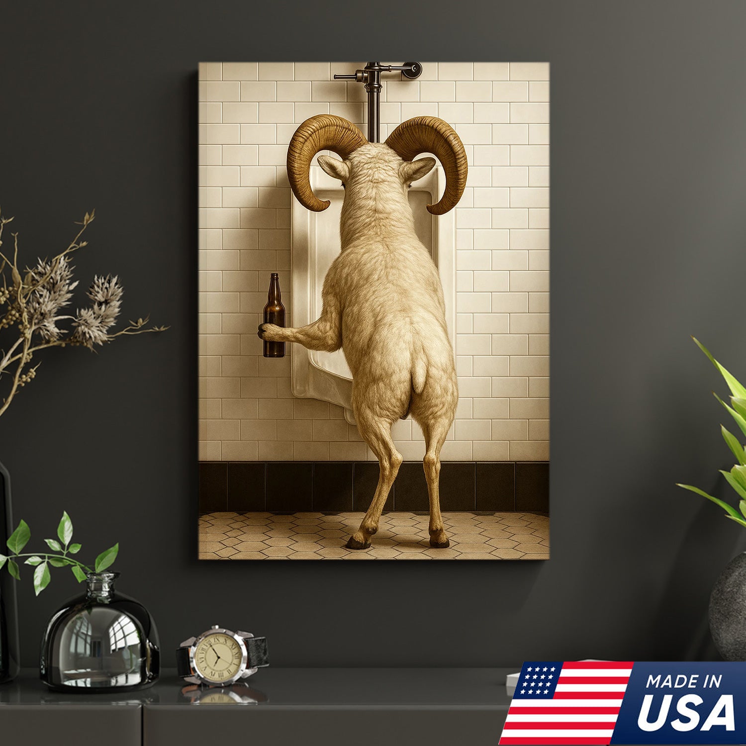 Whimsical Dall Sheep Canvas Wall Art - Funny Rustic Bathroom Decor for Cabin, Farmhouse, and Lodge - Wildlife Humor Print