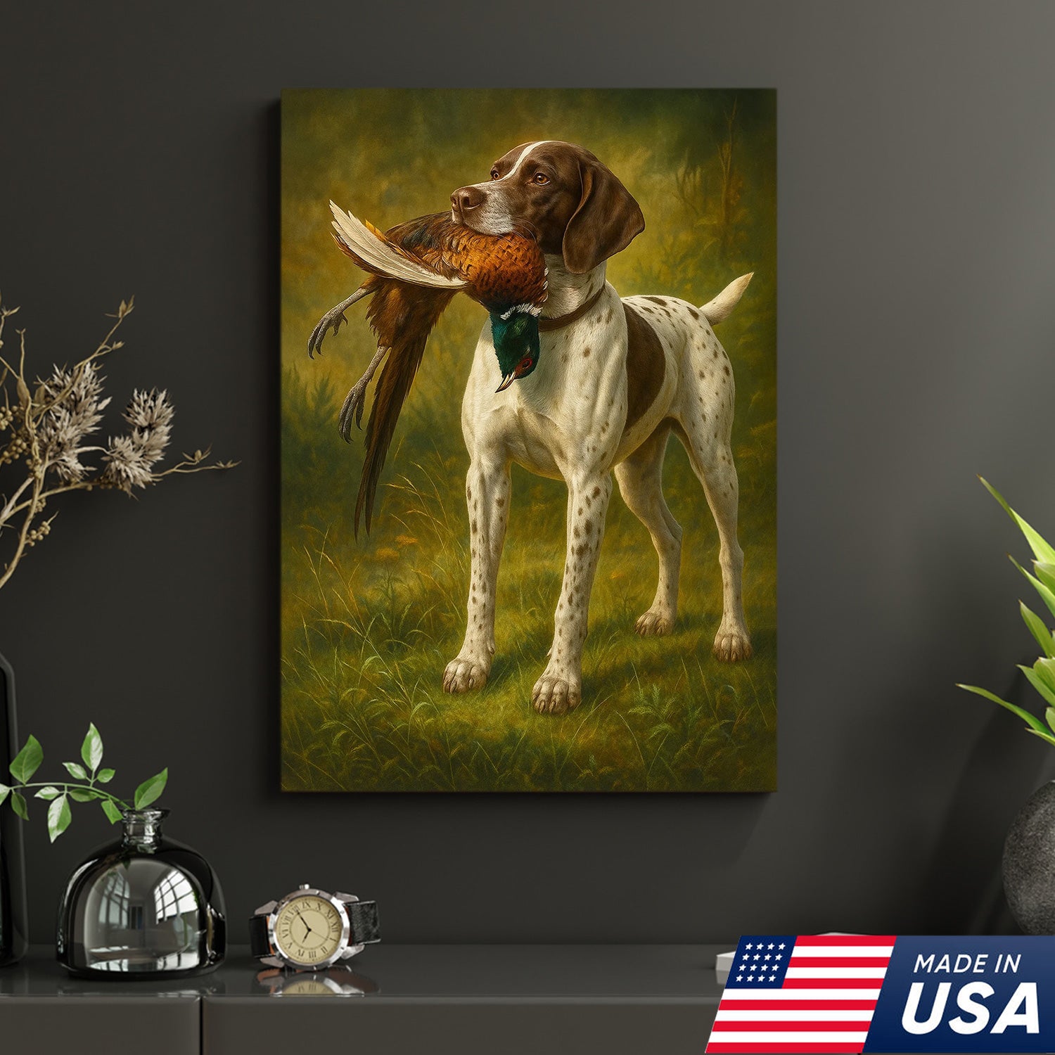 Hunting Dog Canvas Wall Art – Hunting Dog with Pheasant – Rustic Wildlife Canvas Print for Hunter Lodge Decor