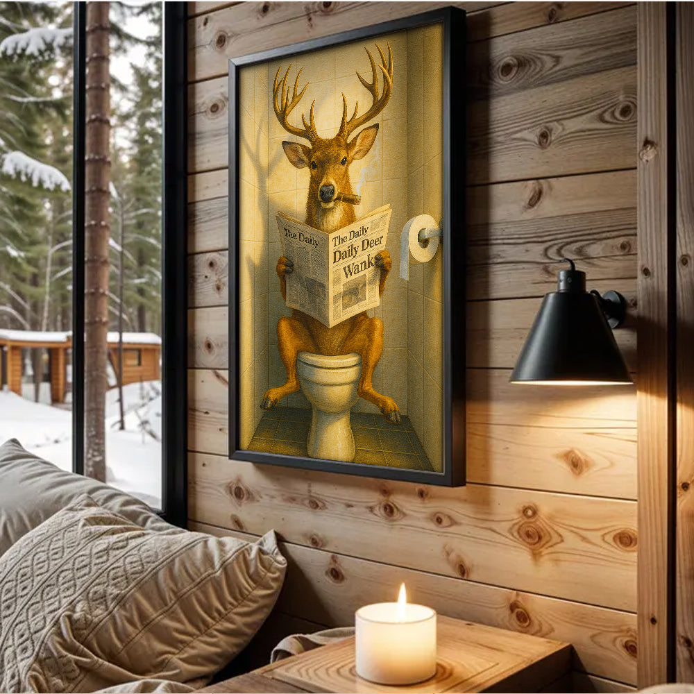 Funny Deer on Toilet Canvas – Quirky Animal Art Print with Smoking and Newspaper for Unique Wall Decor