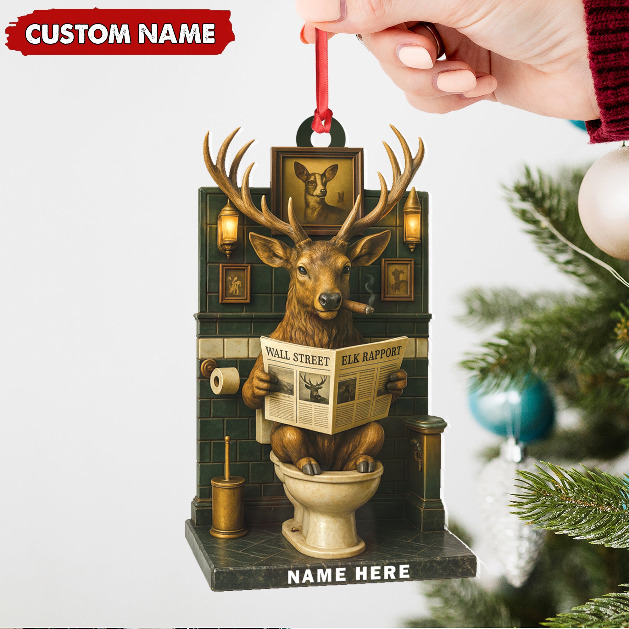 Personalized Acrylic Deer Bathroom Christmas Ornament – Funny Personalized Holiday Decor for Hunters & Wildlife Lovers