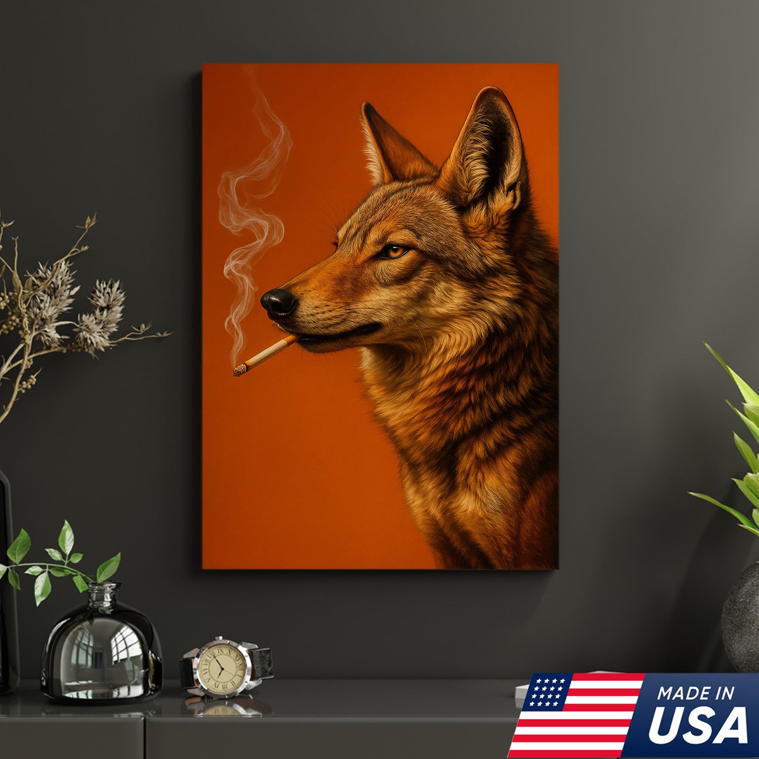 Coyote Canvas Wall Art – Rustic Wildlife Decor – Hunting Cabin Artwork – Mountain Lodge Wall Hanging – Woodland Nature Animal Print
