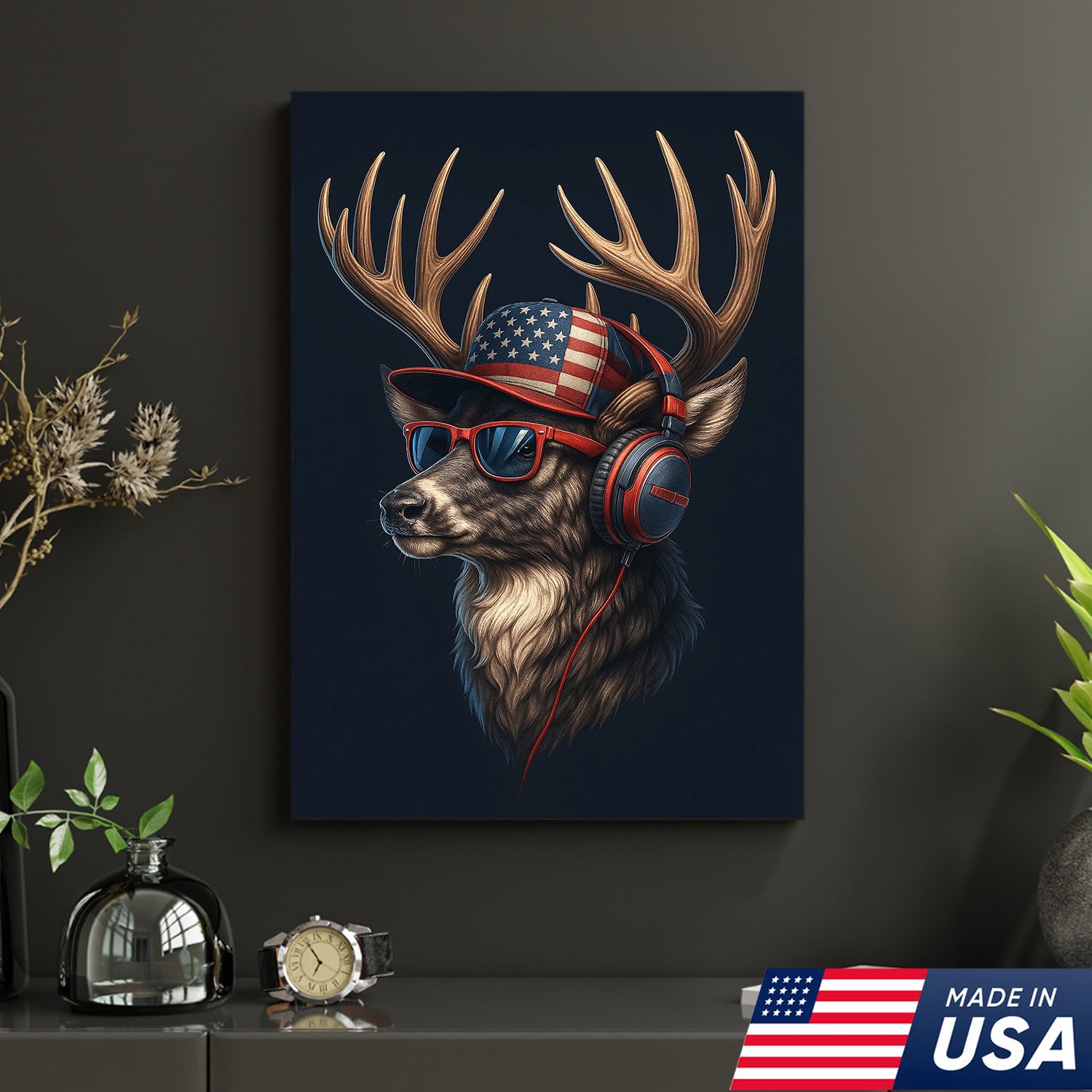 Patriotic Deer Wall Art Canvas – Cool Buck with American Flag Hat and Headphones – Rustic Hunting Lodge Decor USA