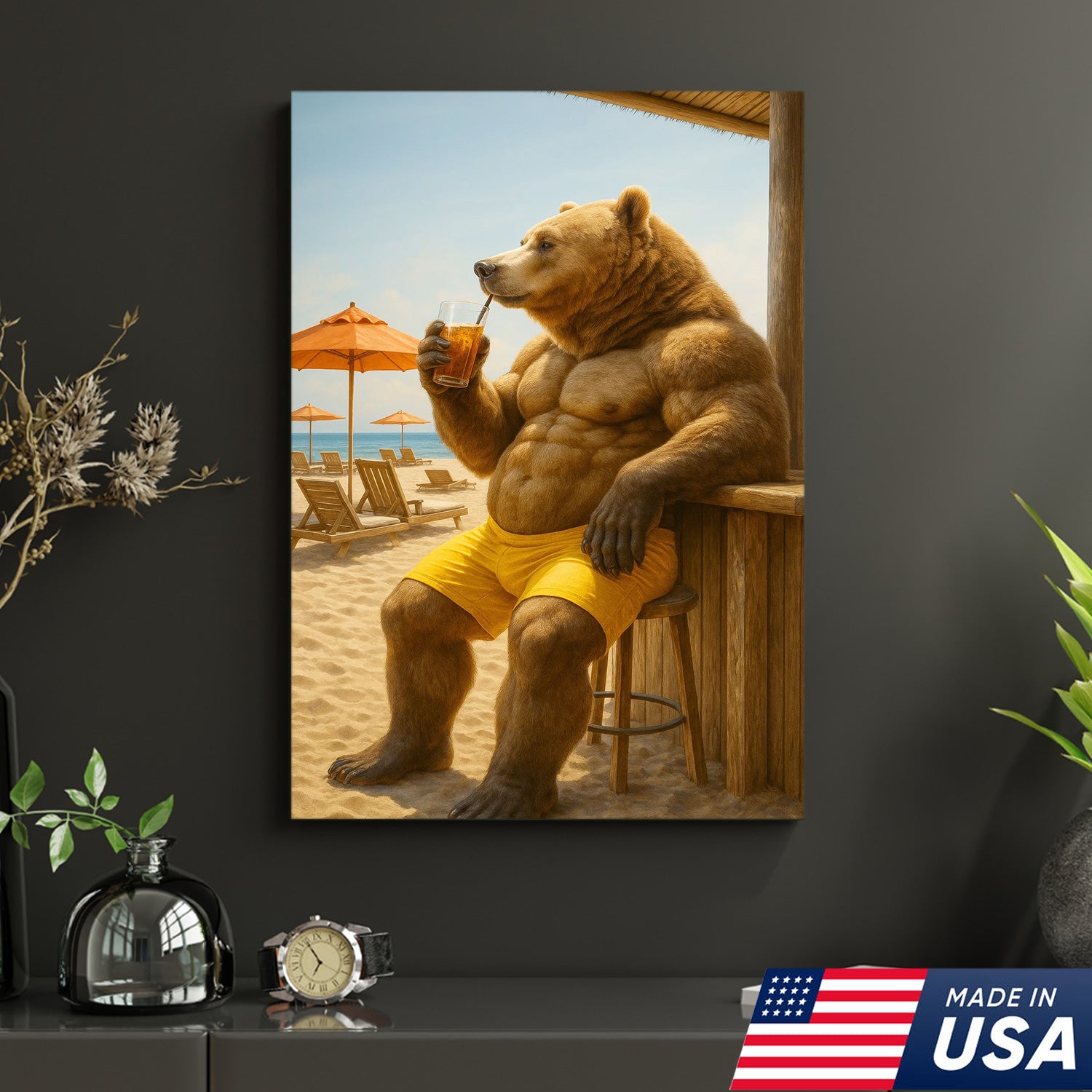 Funny Beach Bear Canvas Wall Art, Summer Vacation Animal Artwork, Humorous Muscle Bear Decor, Tropical Coastal Cabin Painting