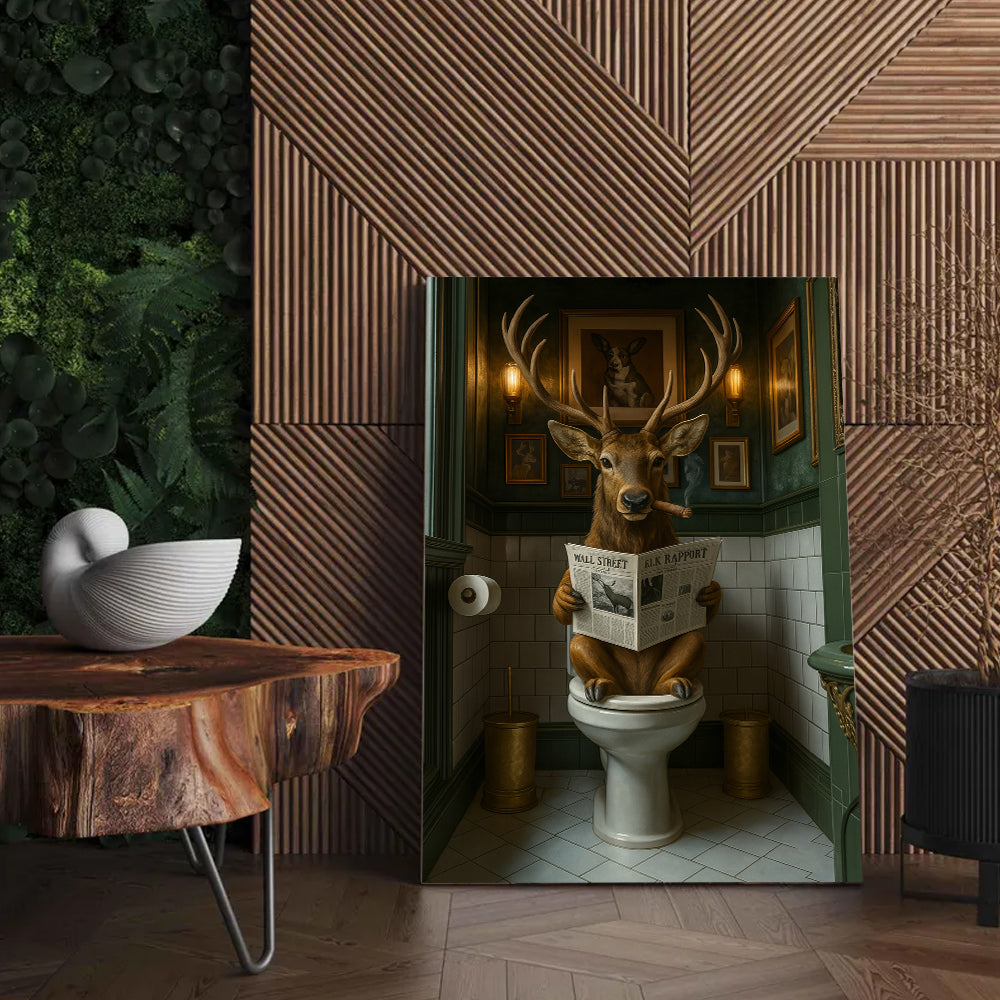 Funny Deer on Toilet Canvas Art – Stylish Animal Wall Art with Smoking and Wall Street Newspaper – Unique Bathroom Decor