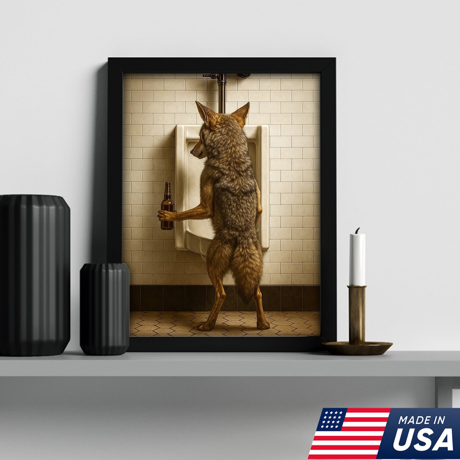 Hilarious Coyote Canvas Wall Art – Funny Bathroom Humor Decor – Rustic Hunting Cabin Gag Gift – Quirky Lodge Animal Artwork