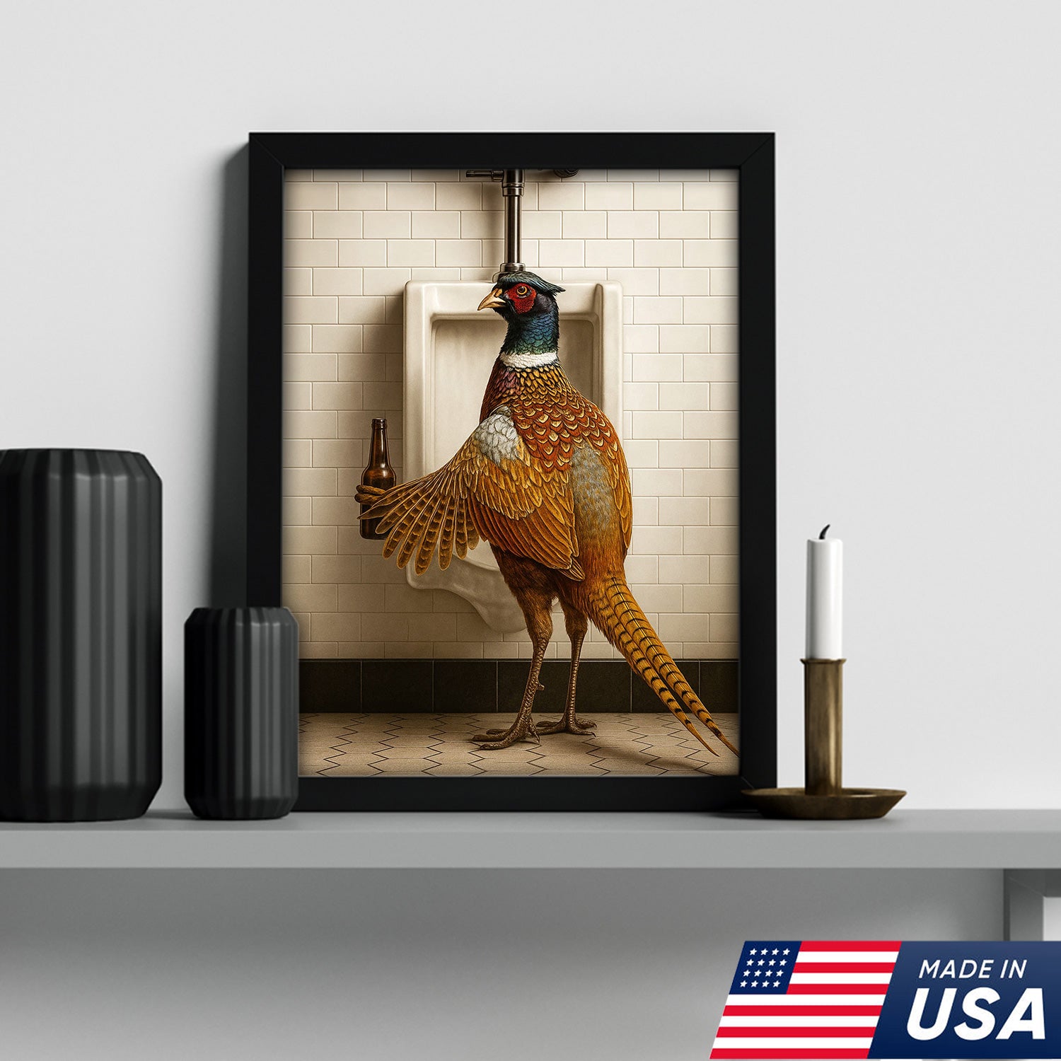 Funny Pheasant Canvas Wall Art – Hilarious Bathroom Humor Decor – Rustic Hunting Cabin Gag Gift – Quirky Lodge Animal Artwork