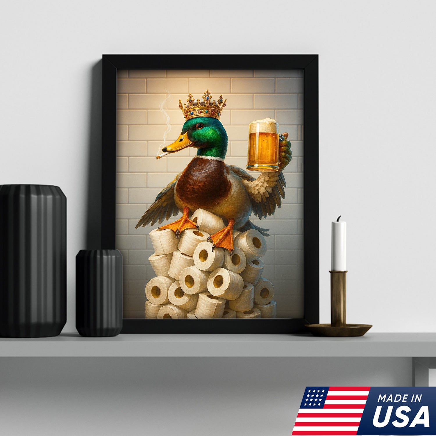 Royal Duck Canvas Wall Art - Funny Bathroom Decor with Crown and Beer - Rustic Wildlife Lodge Print