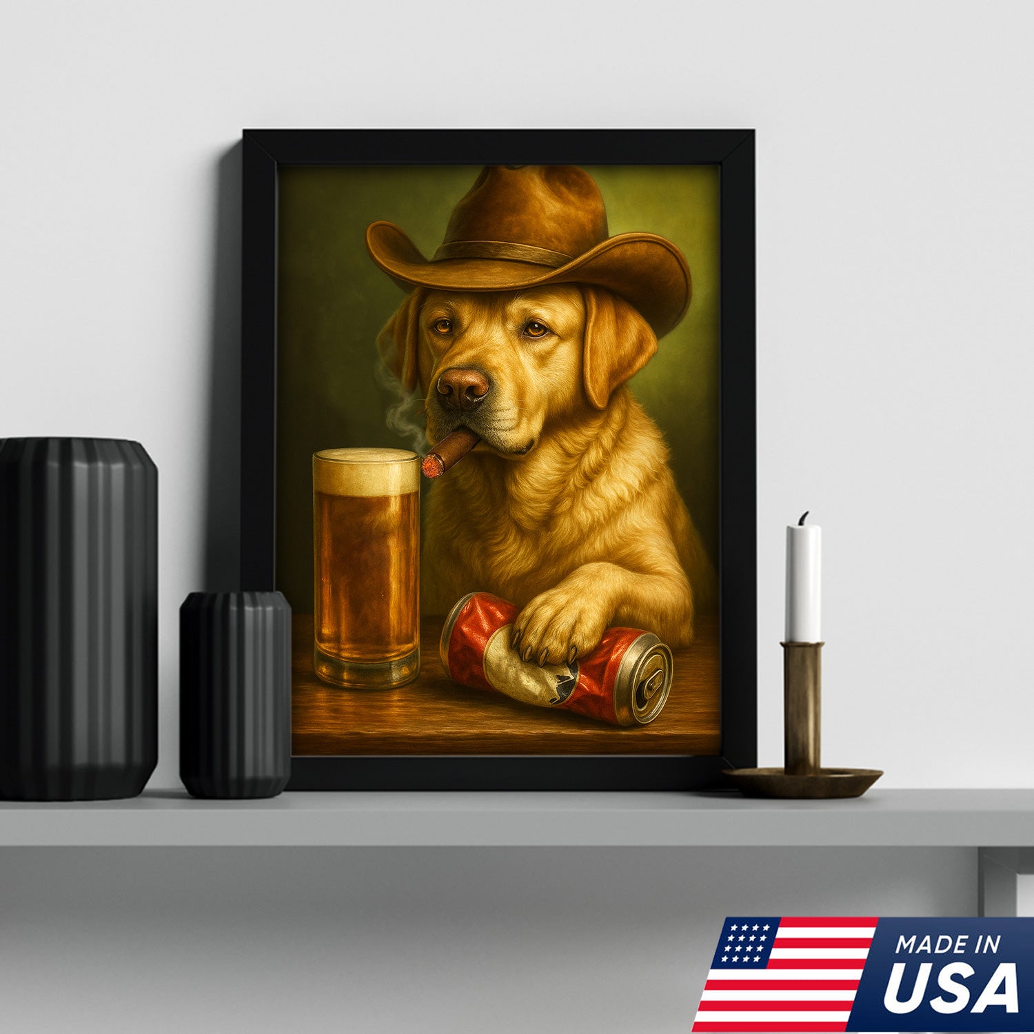 Funny Cowboy Dog Wall Art – Funny Beer & Smoking Canvas For Hunters, Bar & Man Cave Decor