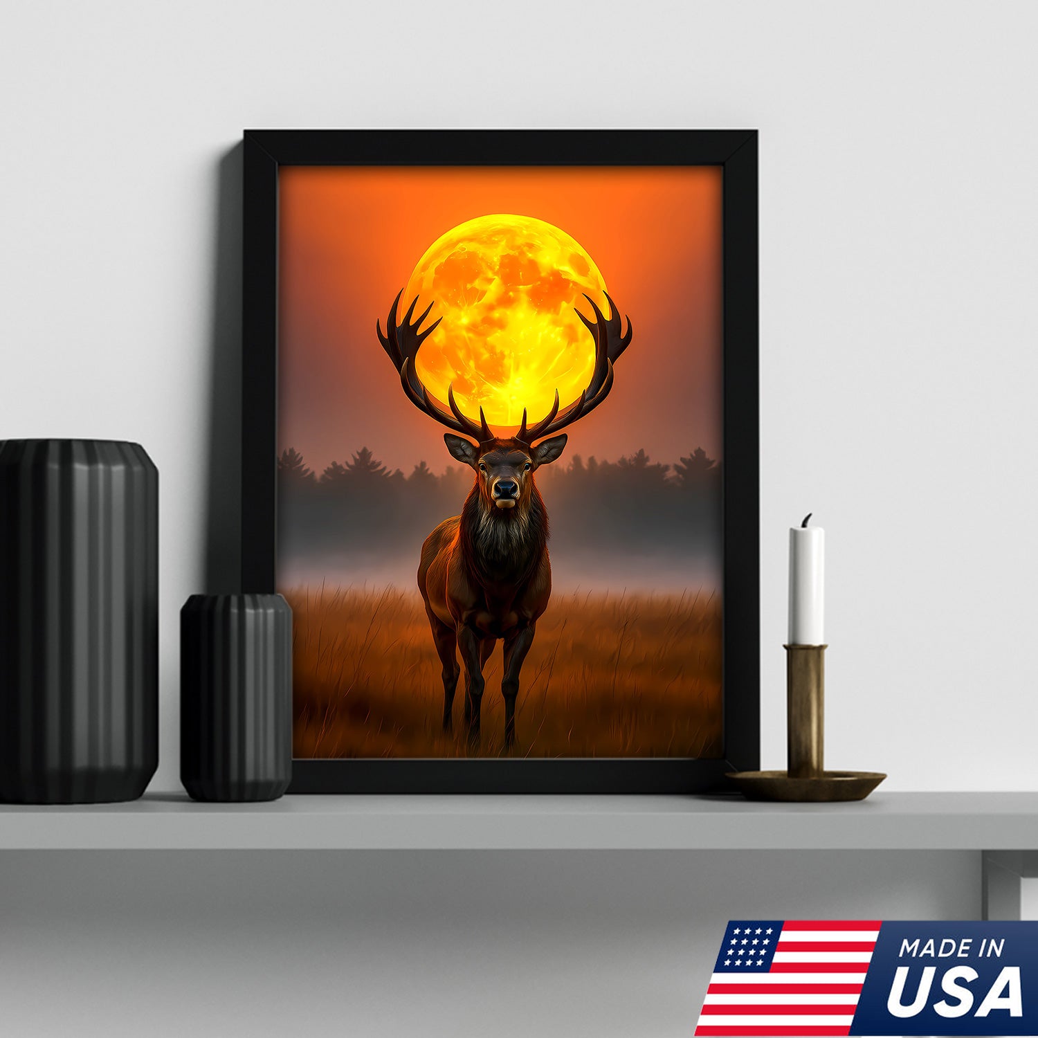 Majestic Elk Full Moon Canvas Wall Art – Hunting Cabin Decor Gift for Hunters