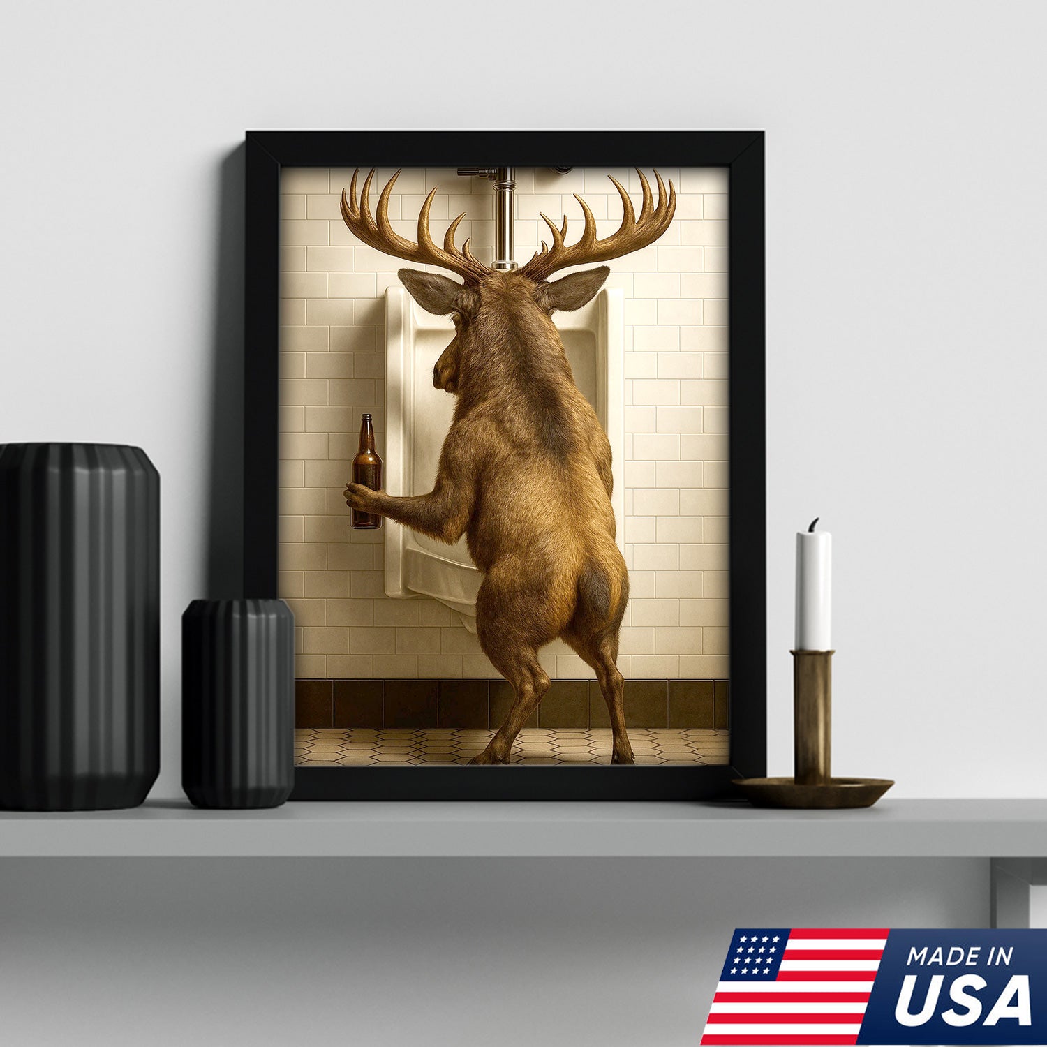 Funny Elk Canvas Wall Art - Rustic Bathroom Lodge Decor for Hunters - Unique Wildlife Cabin Print