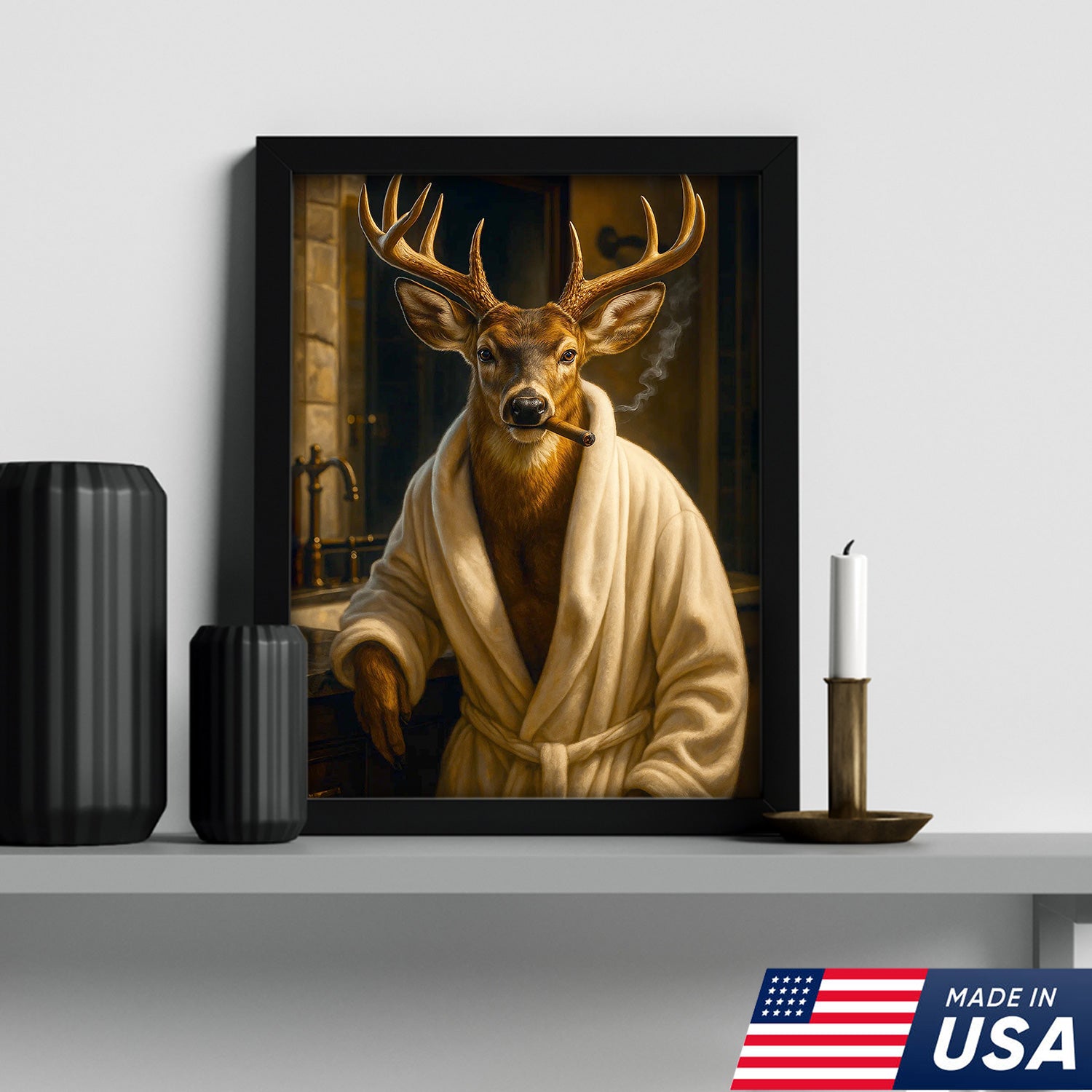 Deer Canvas Wall Art – Stylish Buck in Bathrobe Smoking Cigar Rustic Bathroom Decor for Hunters