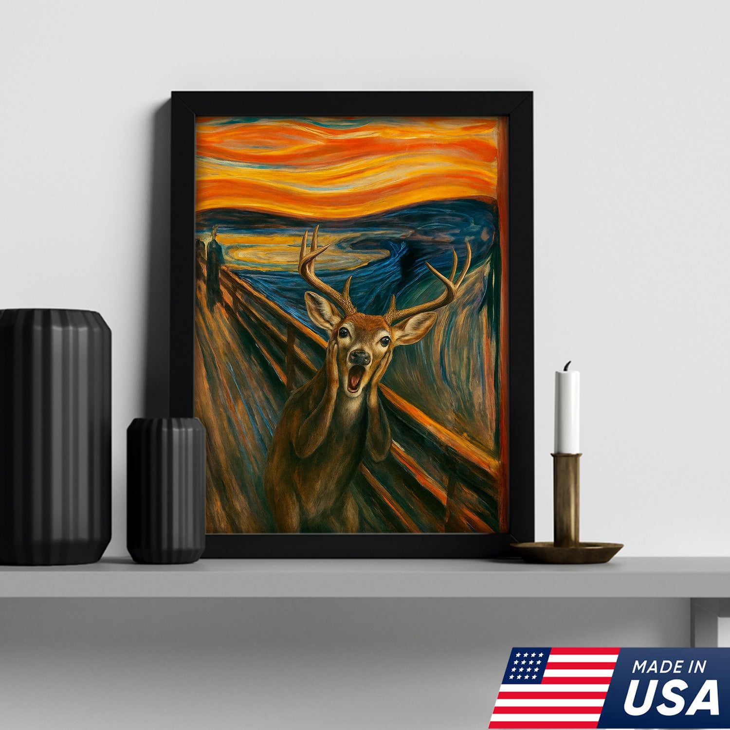 Funny Deer Wall Art Canvas – The Scream Parody Hunting Decor – Rustic Wildlife Home Decoration