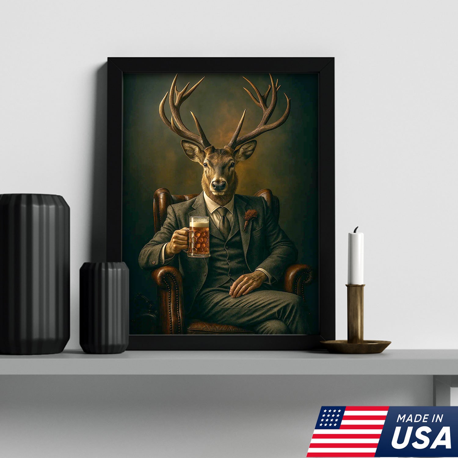 Deer Canvas Wall Art – Sophisticated Buck in Suit Holding Beer Rustic Lodge Decor for Hunters