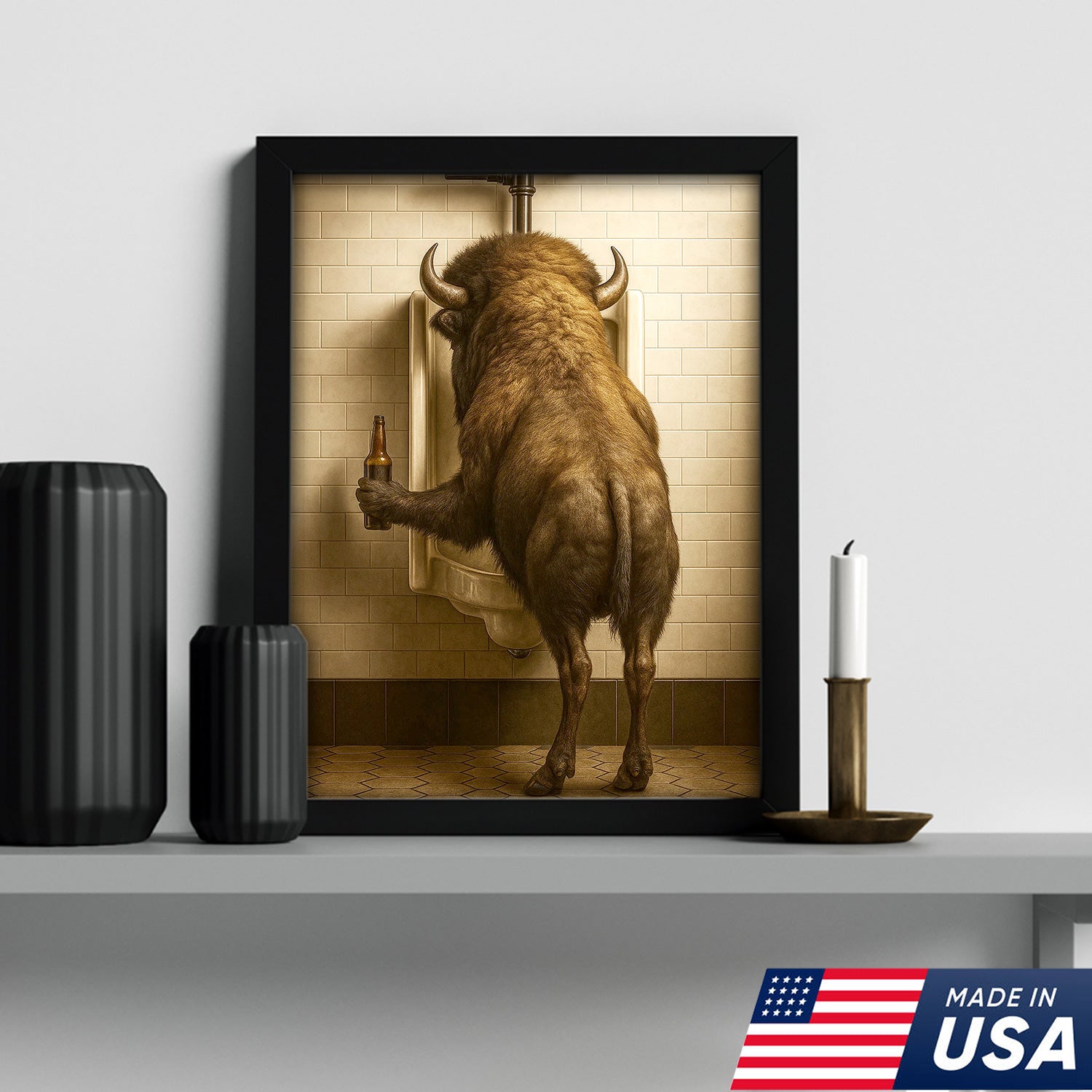 Funny Bison Canvas Wall Art - Rustic Bathroom Lodge Decor for Hunters - Unique Wildlife Cabin Print
